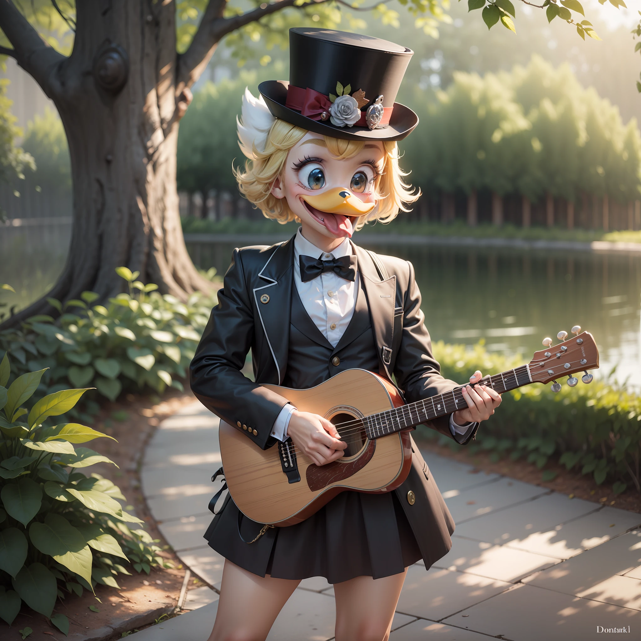 (Masterpiece), (Best Quality), (Super Detail), (Full Body: 1.2), Donald Duck, Chibi, Cute, Smiling, Mouth Closed, Facing Forward, Looking Here, Outdoor, Playing Guitar, Music, Holding Guitar, Blushing Label, Tree, 3, Jacket, Red Cover, Wearing a Black Top Hat, Black Top Hat, Bright Eyes, (Beautiful Detailed Face), (Beautiful Detailed Eyes), Blur.