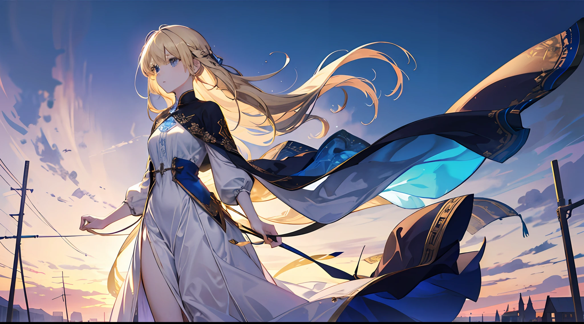 A little girl, beautiful, otherworldly, elegant, full body, long blonde hair, simple dress, white and blue long dress, standing on the stage, (Western-style medieval town), gentle, extreme details, crowd in the audience