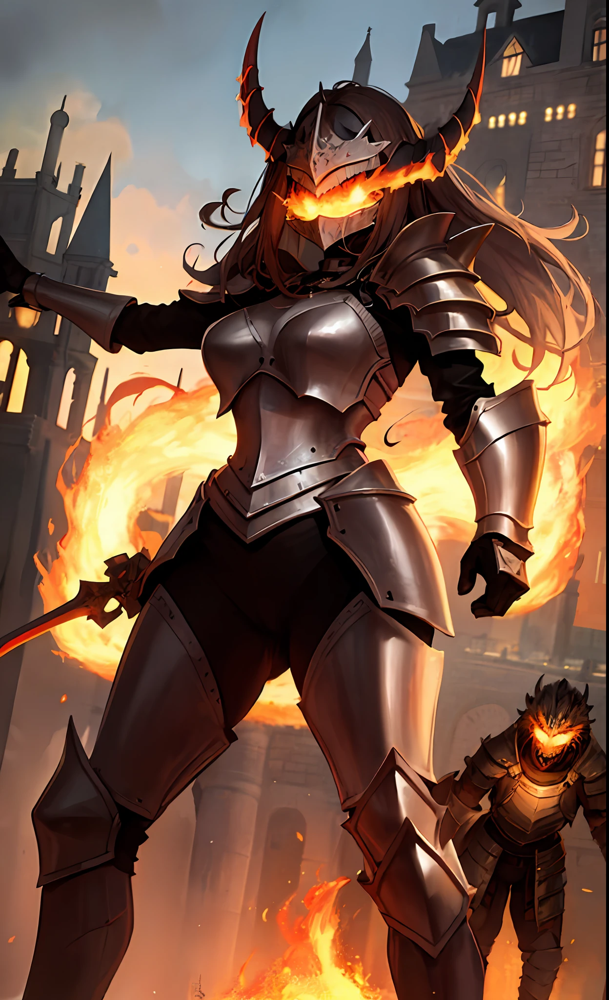 Masterpiece, ultra quality,best quality, medieval kingdom, castle, City, people, monsters giant destruction, fire, warrior with armor, red light, fire, white light