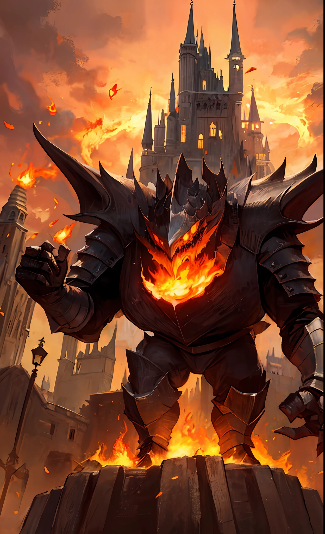 Masterpiece, ultra quality,best quality, medieval kingdom, castle, City, people, monsters giant destruction, fire, warrior with armor, red light, fire, white light