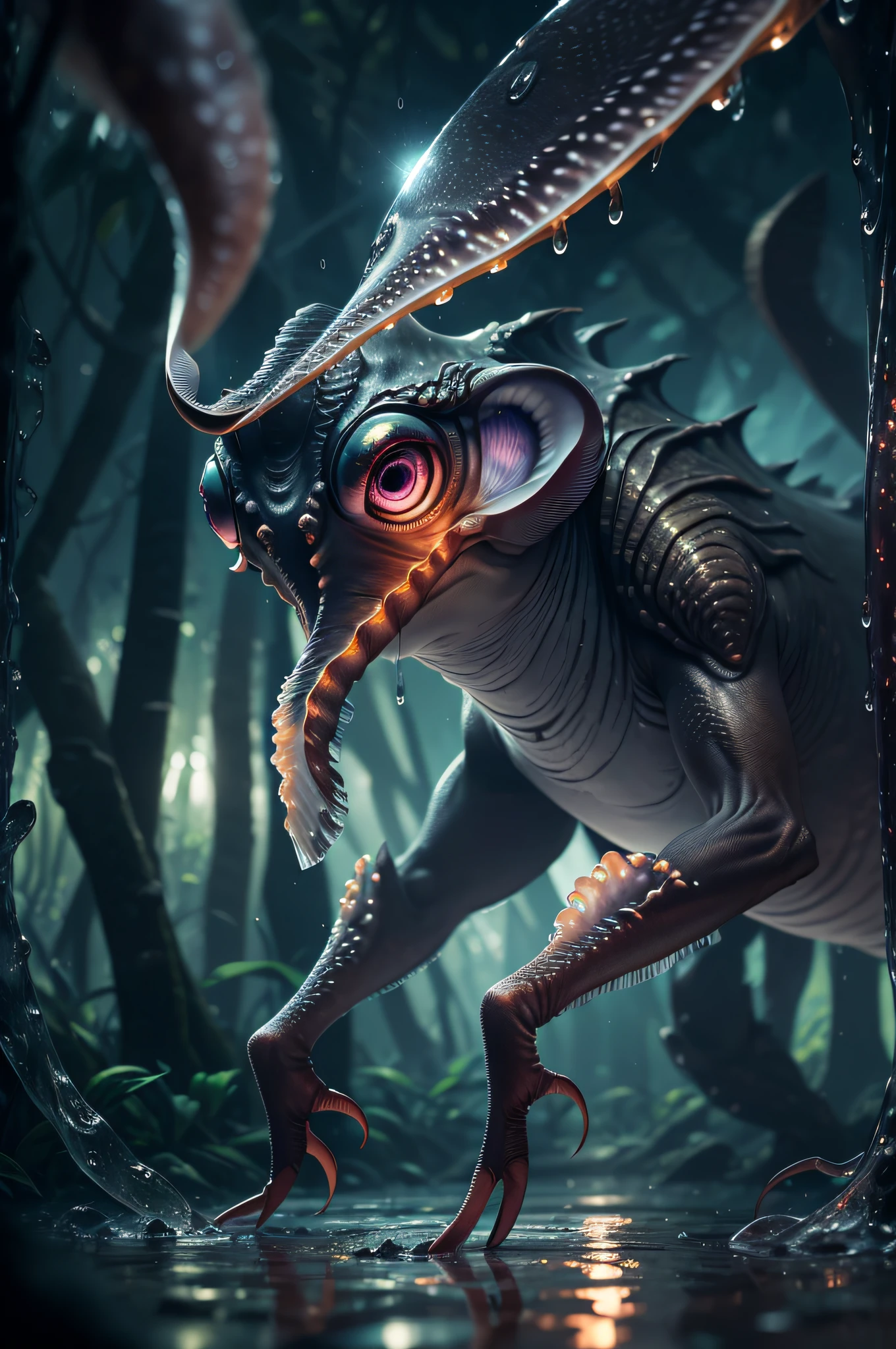 Big creature with six massive legs creature with transparent and lighting body, walking on all six legs, (((cuttlefish head))), ((four eyes)), six leghs, in the jungle, jungle, rain forest, high image quality, realistic look, high-resolution photography, 8K, full-frame matrix, deep shadows, ((one character)), (intricate details, subsurface scattering, hyperdetailed:1.15), (hyperrealism, volumetric lighting, sharp:1.5) Fujifilm XT3