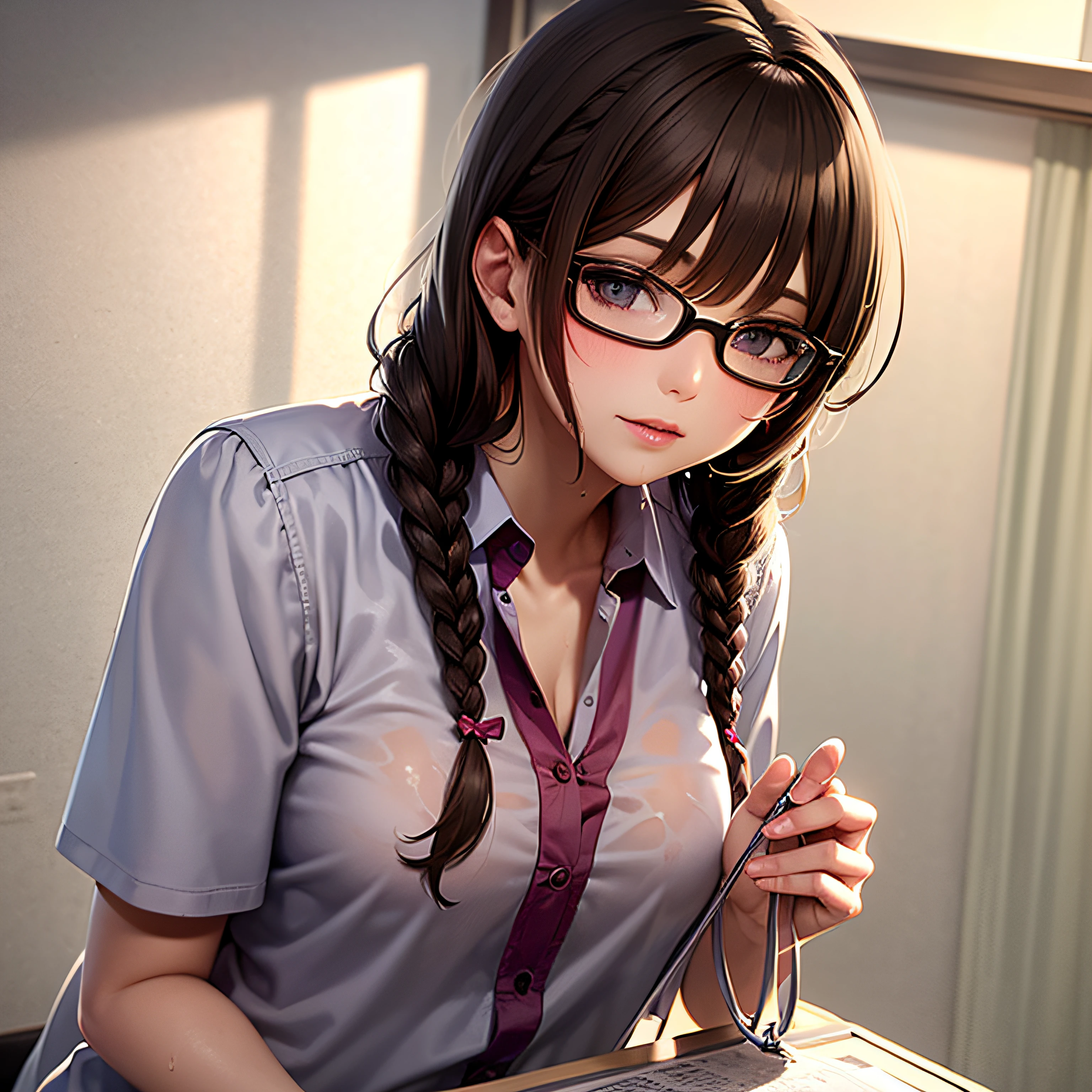 Masterpiece, best quality, 1 girl, long hair, glasses, nurse, wet, clothes soaked, transparent clothes, boring, braids --auto