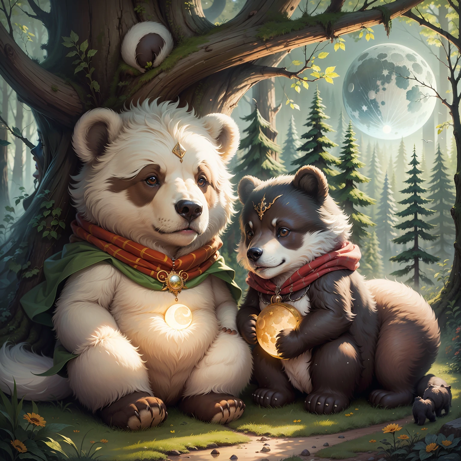 Oil painting, two bears, hug, forest, starlight, bright moon --auto