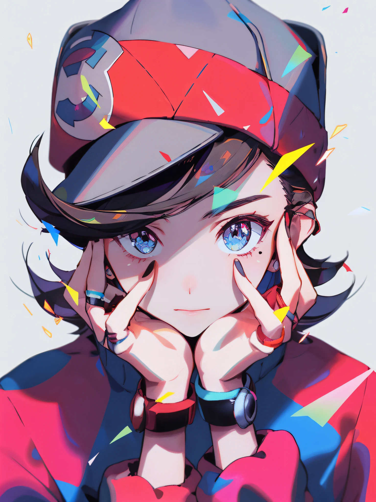 character from pokemon, One hand rests on the face, one hand reaches out to the camera,