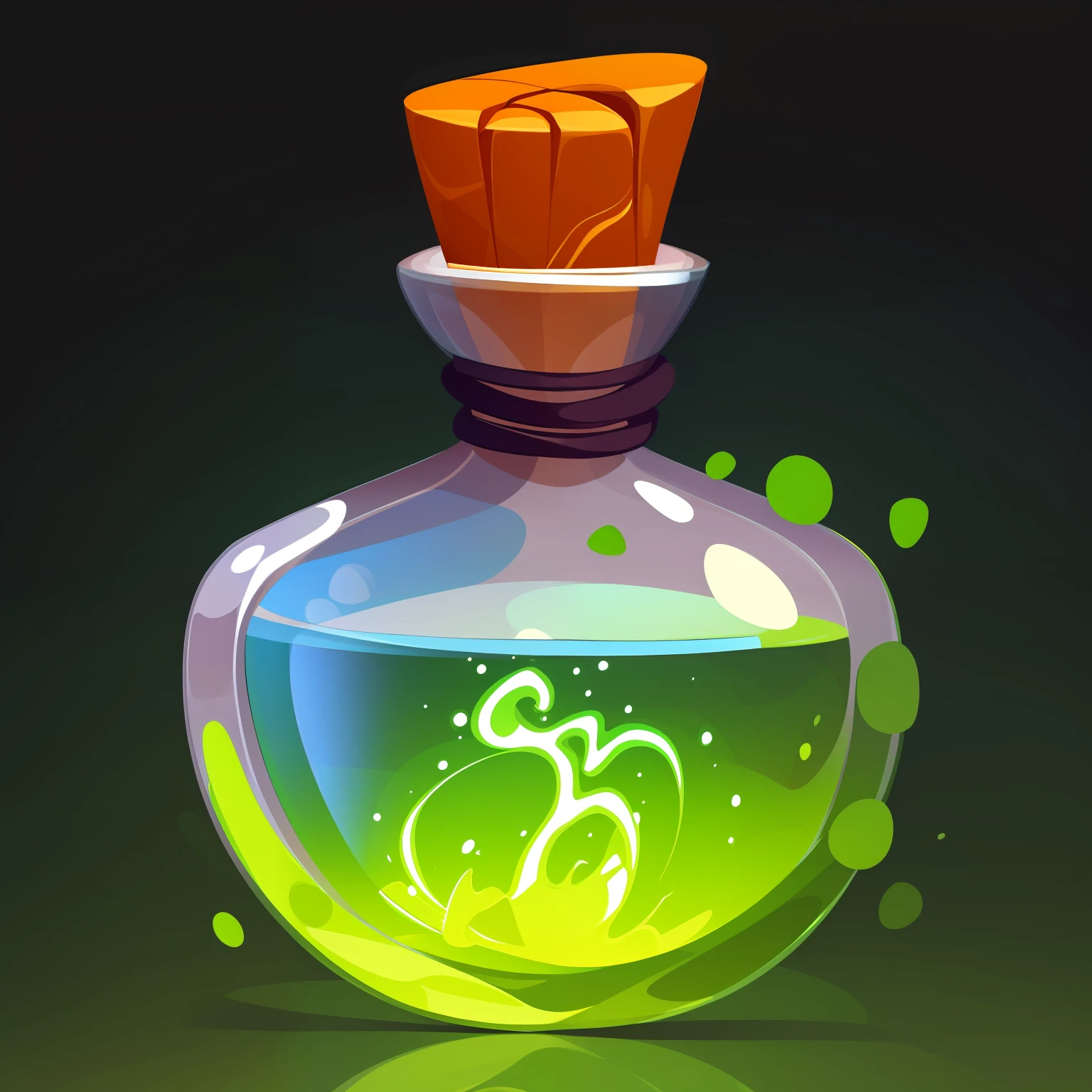 Green energy potion in glass bottle, Q version, cartoon, high quality, game icon, 2D, dark background