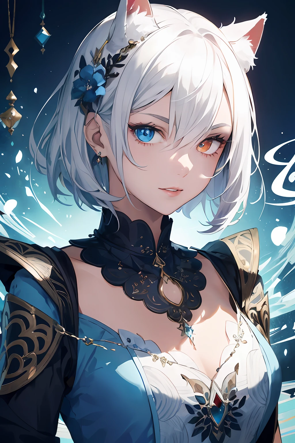 1boy, male focus, Miqote, (masterpiece, best quality, ultra-detailed, highres), perfect face, sidelighting, lustrous skin,(bloom), (shine), lighting, ray tracing, animal ears, male focus, miqo'te, 1boy, multicolored hair, solo, two-tone hair, cat ears, facial hair, earrings, black hair, jewelry, upper body, facial mark, white hair, looking at viewer, cat boy, short hair, heterochromia, blue eyes, armor, bangs, slit pupils, indoors, chainmail, shoulder armor, beard, wall, closed mouth, grey eyes, scar on face, single earring, white eyes, depth_of_field, very detailed background, highly detailed background, Masterpiece, Ultra detailed, great composition,Dynamic angle, handsome, final fantasy xiv, ffxiv, (Highest picture quality), (Master's work),   depth of field, solo, extreme light and shadow, masterpiece, rich in detail, (fine features), (highest quality), (masterpiece), (detailed eyes), (beautiful) detailed,beautiful detailed eyes,(extremely detailed CG unity 8k wallpaper),(masterpiece), (best quality), (ultra-detailed), (best illustration),(best shadow),perfect lighting , perfect anatomy , vivid colors,