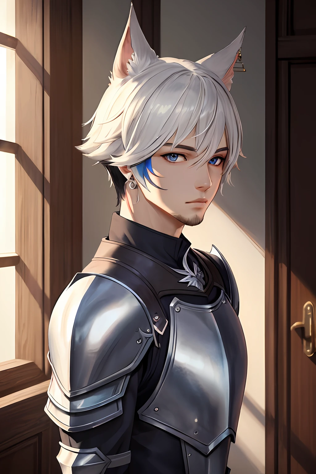 1boy, male focus, Miqote, (masterpiece, best quality, ultra-detailed, highres), perfect face, sidelighting, lustrous skin,(bloom), (shine), lighting, ray tracing, animal ears, male focus, miqo'te, 1boy, multicolored hair, solo, two-tone hair, cat ears, facial hair, earrings, black hair, jewelry, upper body, facial mark, white hair, looking at viewer, cat boy, short hair, heterochromia, blue eyes, armor, bangs, slit pupils, indoors, chainmail, shoulder armor, beard, wall, closed mouth, grey eyes, scar on face, single earring, white eyes, depth_of_field, very detailed background, highly detailed background, Masterpiece, Ultra detailed, great composition,Dynamic angle, handsome, final fantasy xiv, ffxiv, (Highest picture quality), (Master's work), depth of field, solo, extreme light and shadow, masterpiece, rich in detail, (fine features), (highest quality), (masterpiece), (detailed eyes), (beautiful) detailed,beautiful detailed eyes,(extremely detailed CG unity 8k wallpaper),(masterpiece), (best quality), (ultra-detailed), (best illustration),(best shadow),perfect lighting , perfect anatomy , vivid colors,