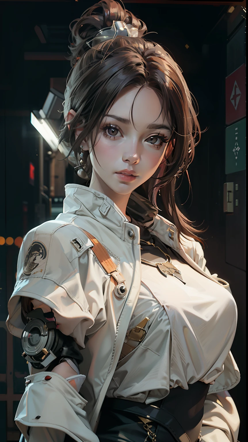 1girl, solo, hood, brown hair, brown eyes, parted lips, hood up, long sleeves, jacket, simple background, upper body, realistic, red background, looking at viewer, teeth, red jacket, lips, cosplay, hoodie, masterpiece, best quality,