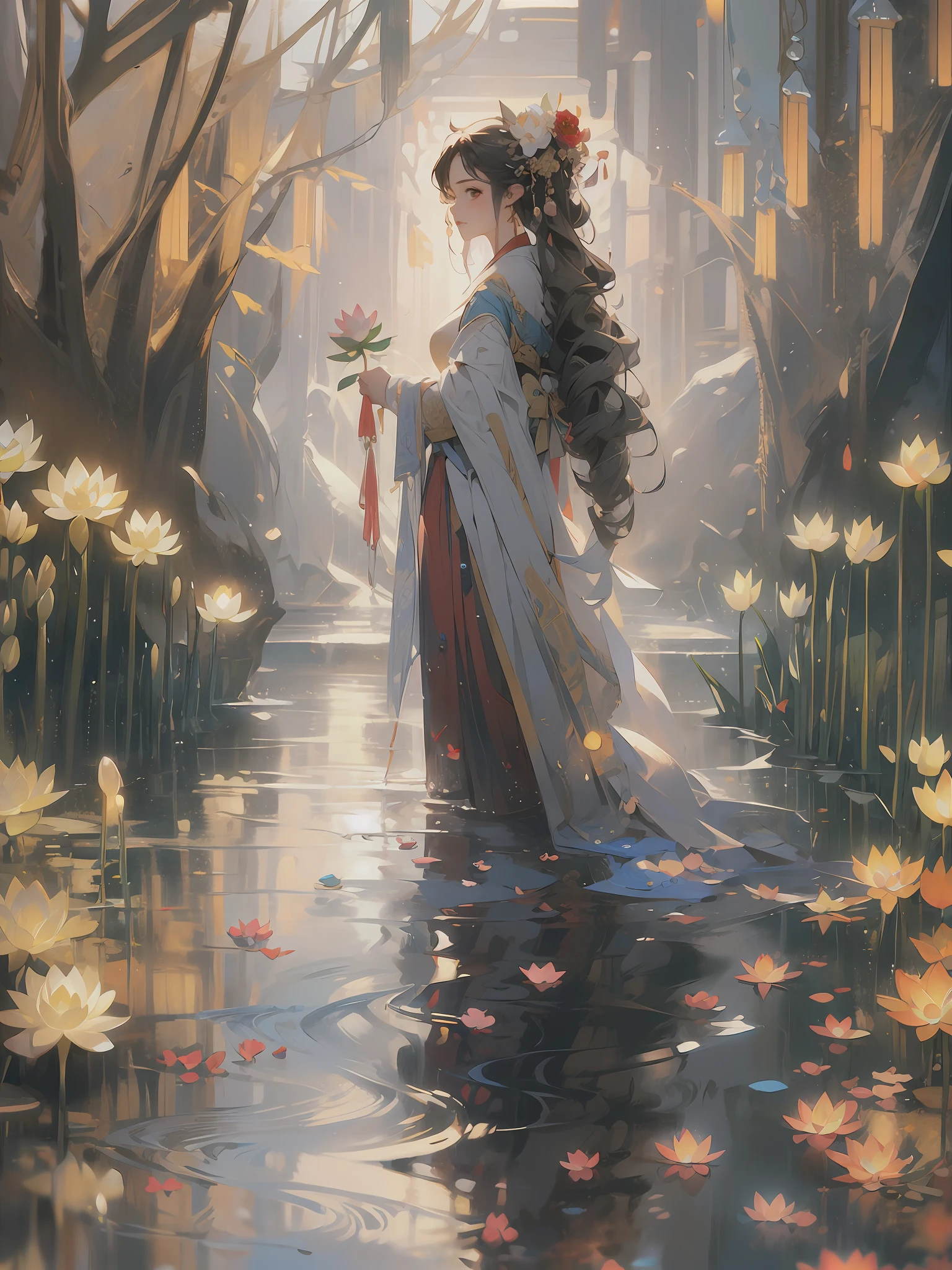 zanhua, Best quality, masterpiece, 1 girl, holding flower, full body, red flower on head, wearing hanfu, in red and white, looking at viewer, flower, black hair, ((lotus)), solo, hair ornament, water, reflection, daylight, cinematic light,