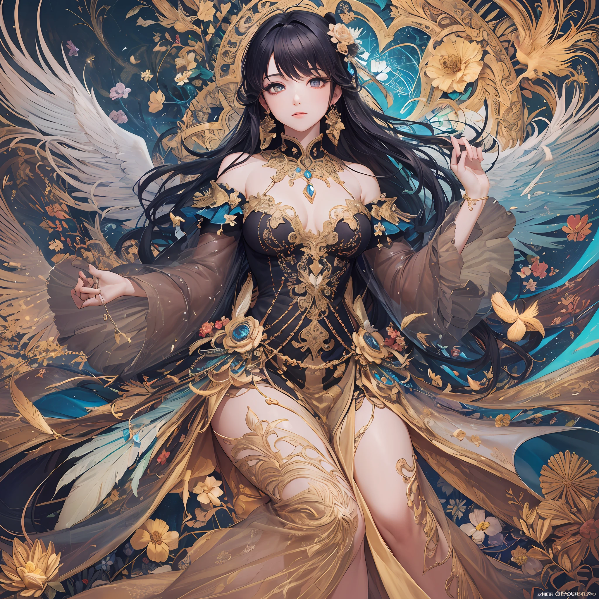 (Masterpiece, Top Quality, Best Quality, Official Art, Beautiful and Aesthetic: 1.2), (1 Girl: 1.3), Very Detailed, White (Fractal Art: 1.1), (Flower: 1.3), Supreme Detail, (Zentangle: 1.2), (Dynamic Pose), (Abstract Background: 1.3), (Glossy Skin), (Many Colors: 1.4), (Earrings), (Feathers: 1.5), (Magic Effects: 1.3) stars, long dress sleeves, long hair, wrapped in light, vivid background, phoenix dress, vivid eyes, panda ears, morning light