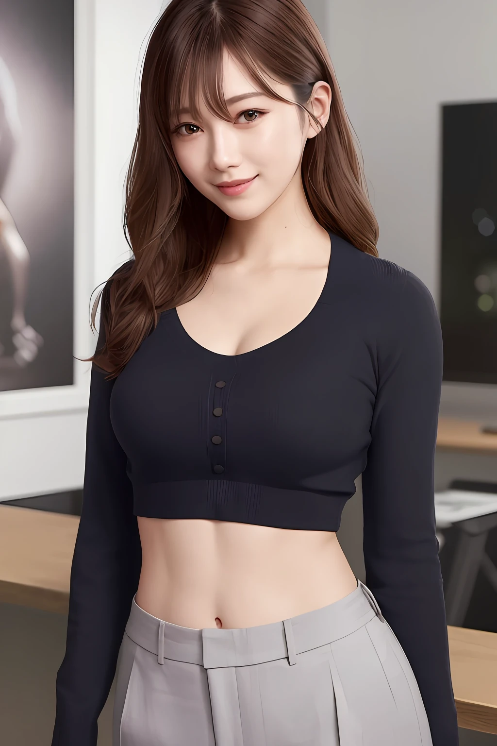 (8k, RAW photo, ultra high res, best quality, masterpiece:1.2), (realistic illustration), (extremely detailed CG unity 8k wallpaper), absurdres,
1 girl,21 yo, beautiful face,medium breasts,black medium hair,smile,tilting head,grin,upper body,slim fit pants,gray tailored jacket,office,upper body、乃木坂アイドル、女優、韓国アイドル