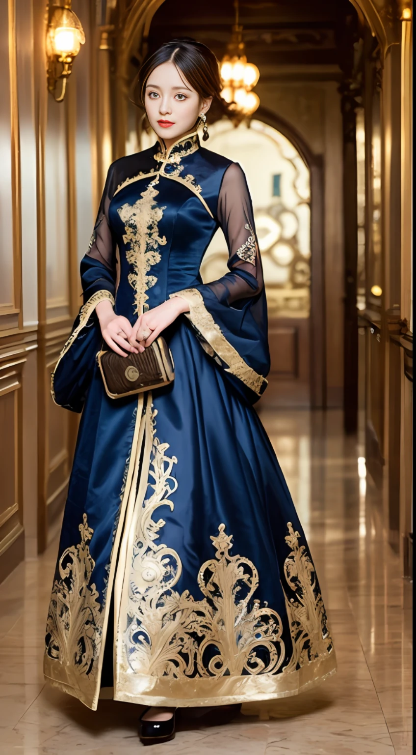 a woman in a long dress standing in a hallway, intricate victorian dress, intricate fantasy dress, baroque dress, captivating and enticing, gorgeous lady, ornate dress, cheongsam, gold brocaded dark blue clothes, wearing an ornate outfit, intricate dress, intricate detailed dress, victorian inspired clothing, ornate attire, in detailed steampunk dress, historical baroque dress