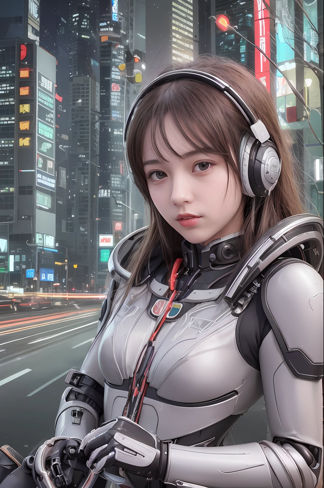 Top quality, masterpiece, ultra high resolution, (photorealistic: 1.4), raw photo, futuristic town perspective, futuristic skyscrapers, 12 year old girl standing on a futuristic street corner, black hair, shiny skin, 1 Gundam girl, (((ultra-realistic details)), sidmead-style mecha design, portrait, global illumination, shadow, octane rendering, 8K, Ultra Sharp, Big, Cleavage Exposed Raw Skin, Metal, Intricate Ornamental Details, Headset, Hydraulic Cylinder, Very Intricate Details, Realistic Light, CGSoation Trend, Purple Eyes, Glowing Eyes, Facing the Camera, Neon Details, Mechanical Limbs, Blood Vessels Connected to Tubes, Mechanical Vertebrae Attached to the Back, Mechanical Cervical Attachment to the Neck, sitting, wires and cables connecting to the head, Gundam suit, cyberpunk, small LED lamps,