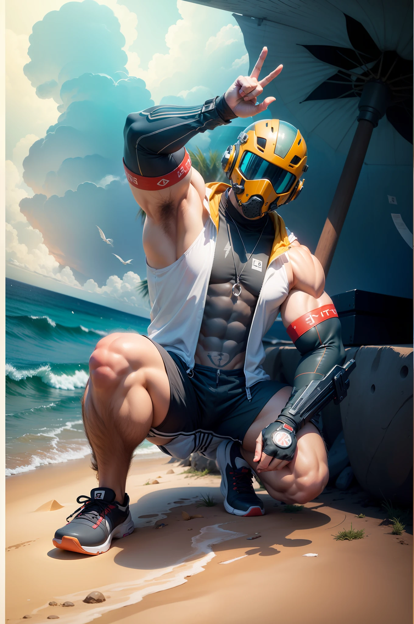 (masterpiece, high quality, 8K, full body) male, muscular male, muscle detail, biceps, huge biceps, abs, armpits, faceless, faceless male, masked, helmet, cyberpunk mask, cyberpunk helmet, helmet covering all of face, on helmet, beach shirt, shortpants, casual shoes, socks, gloves, peace finger, dynamic pose, squat pose, beach background background , alone