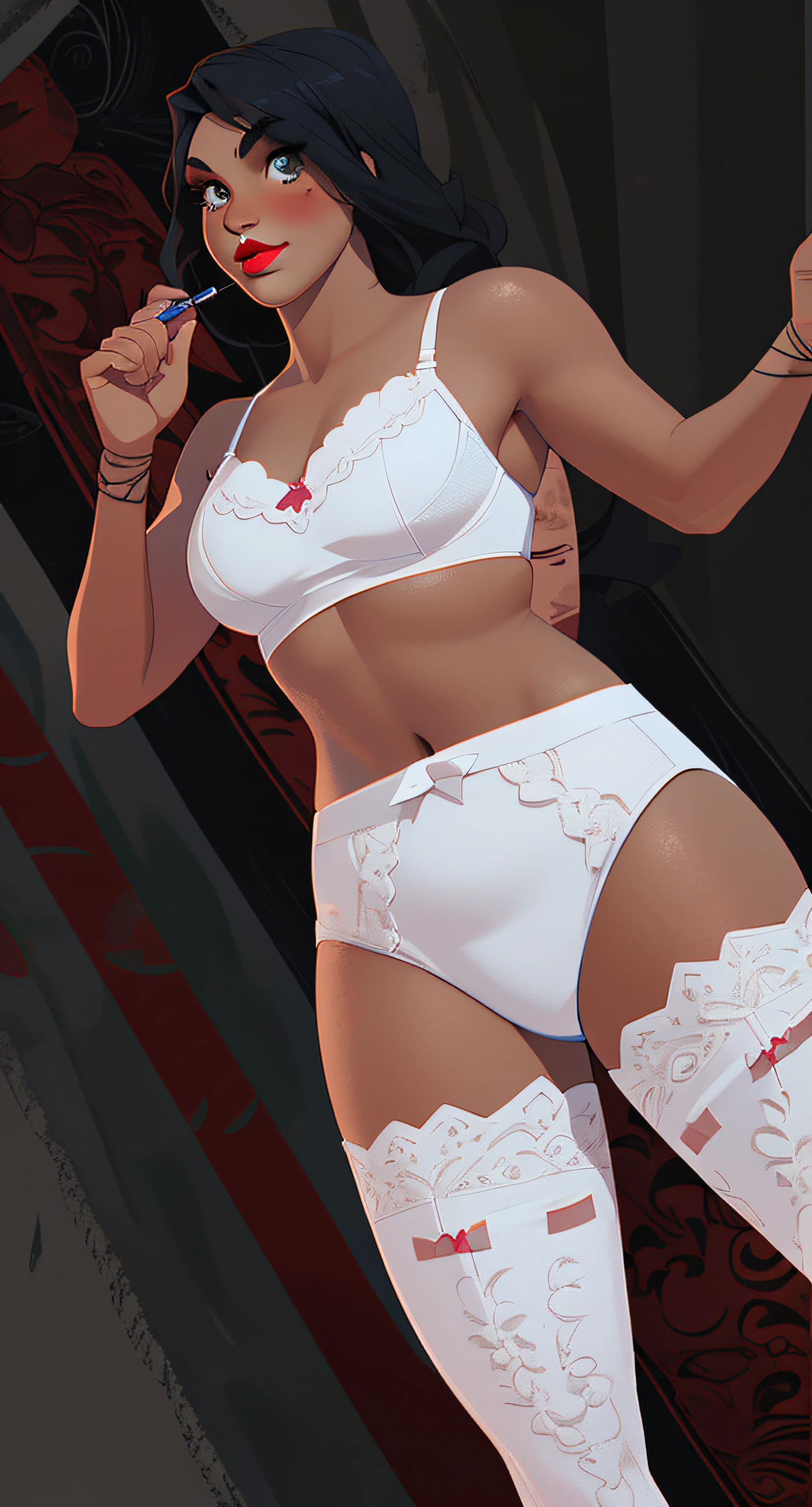 Curvy Hispanic female wrestler, in fancy white bra, fancy white cotton panties, fancy white high stockings, applying makeup and lipstick, anime art style, intricate details