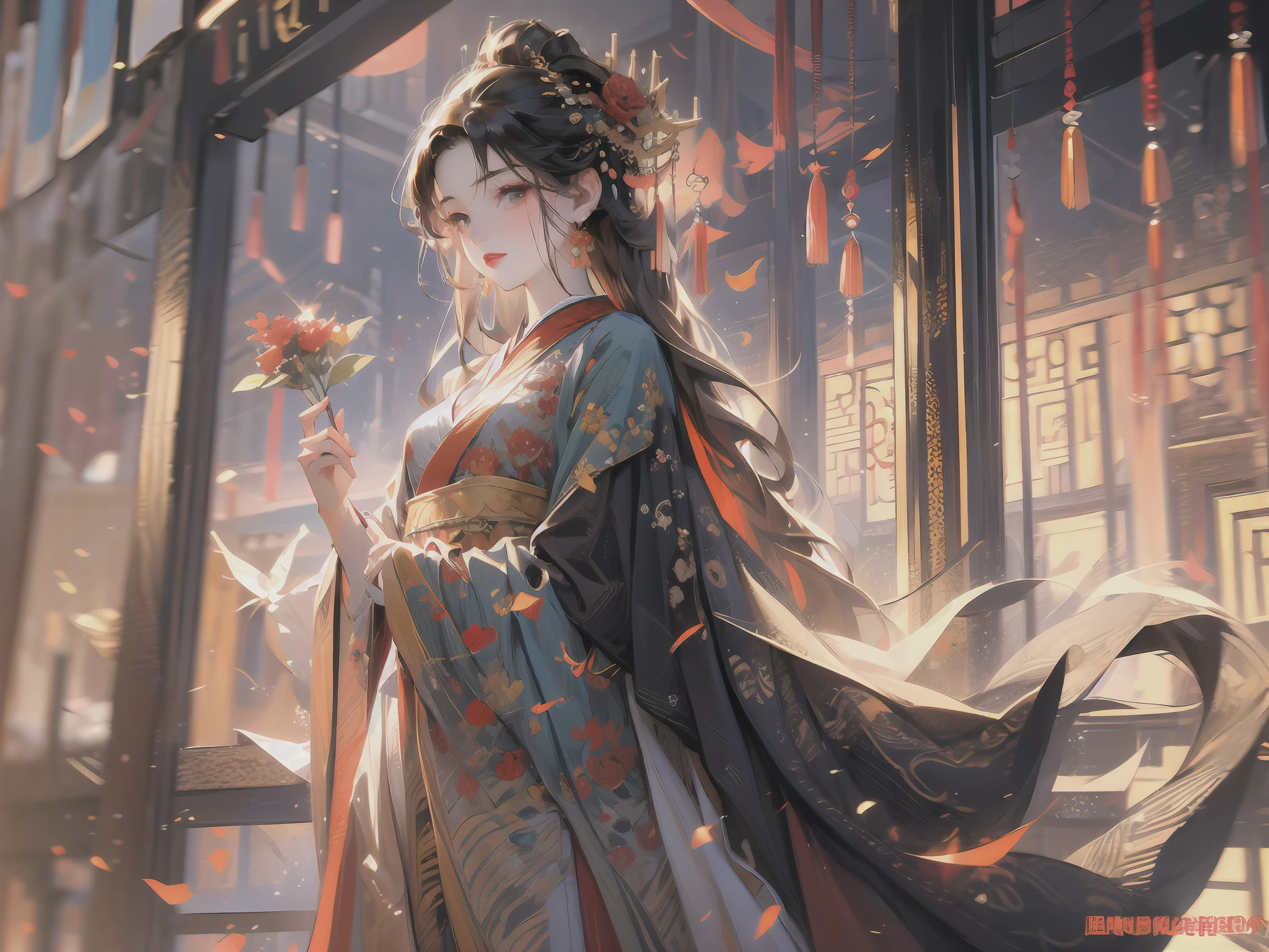 zanhua, Best quality, masterpiece, 1 girl, holding flower, red flower on head, wearing hanfu, in red and white, looking at viewer, golden embroidery, ornate hairpin, jade accessories, red lips, rosy cheeks, slender figure, elegant posture, graceful, serene expression, standing in imperial palace, red pillars, golden details, intricate carvings, decorative screens:, sparkling jewels, outdoors