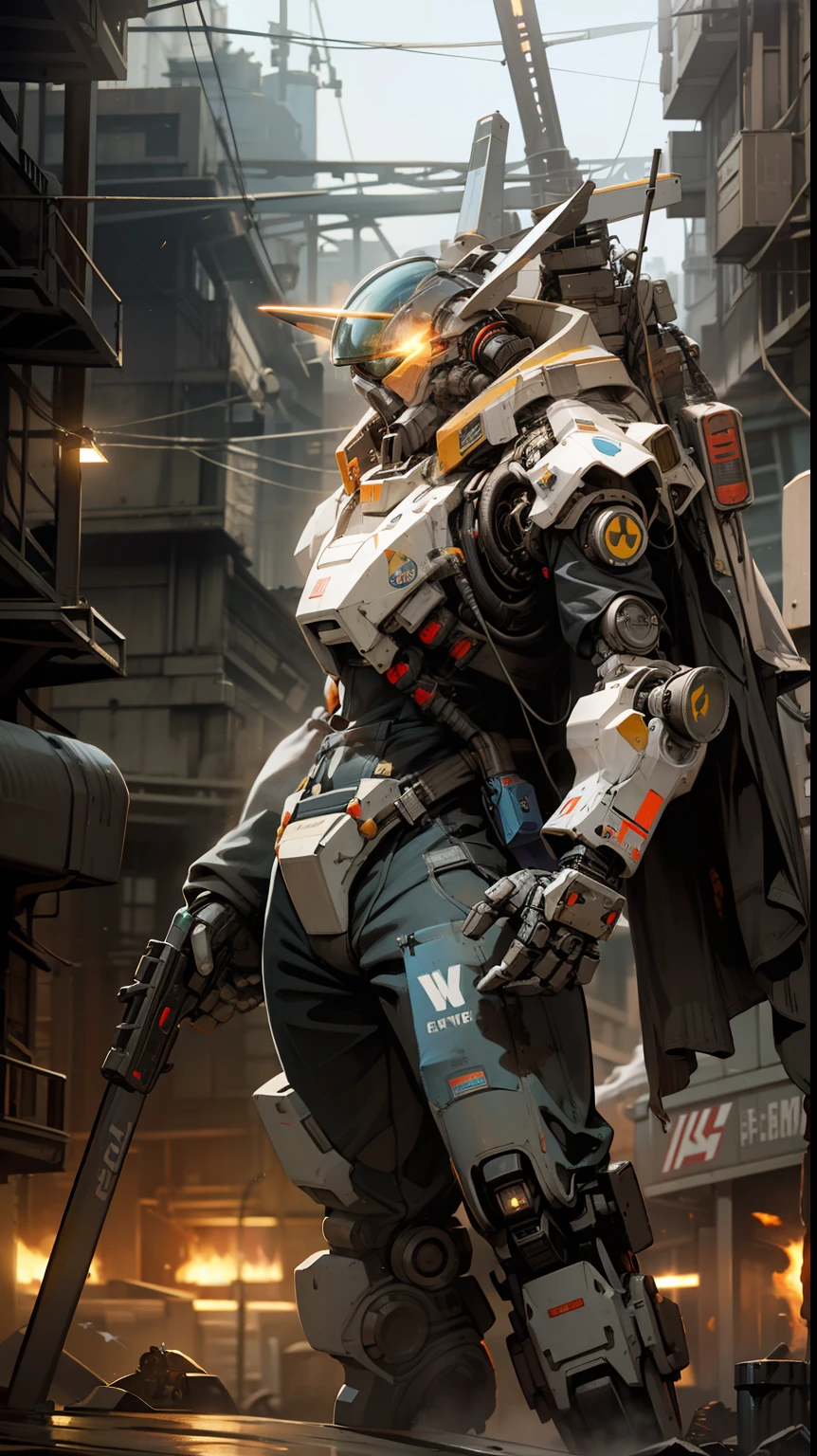 Girl, driving a vehicle, blue smoke, blue and yellow, post-apocalyptic technology, overalls, blue flames, mechanical core, mech deployment, overflying plane, smoke, redemption, hovering mech, jetpack, spraying from feet flame