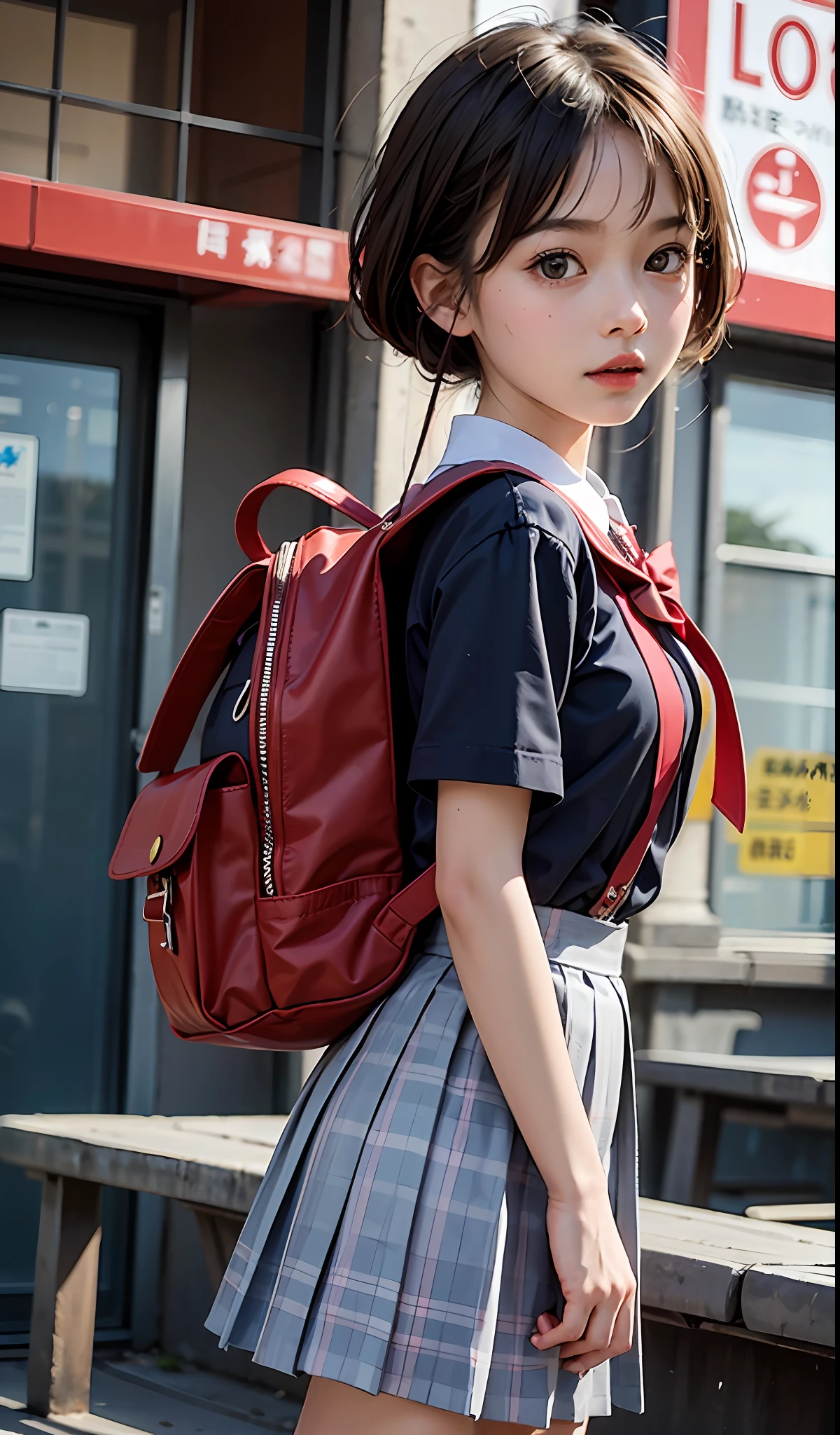 An eight-year-old girl, loli, young girl, red elementary school backpack, cute school uniform, animal hanging,
