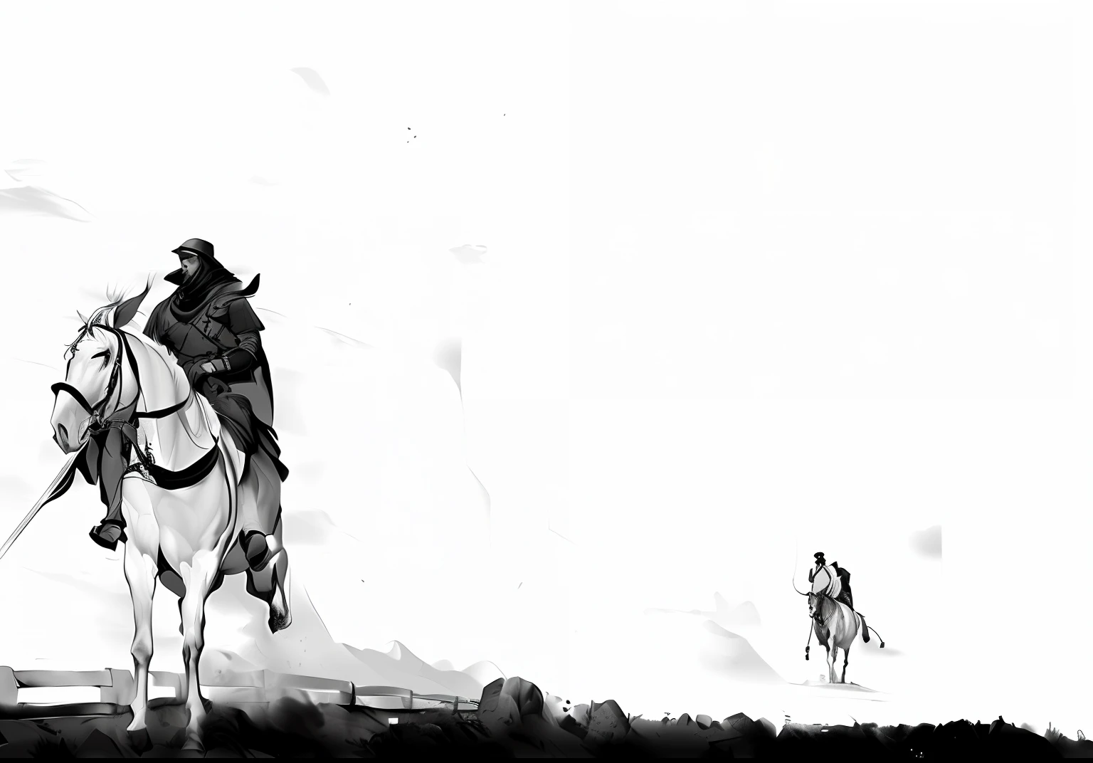 there is a man riding a horse with a sword in his hand, dark high-contrast concept art, published concept art, black and white matte painting, concept art for a video game, illustration concept art, nicolas delort, keyframe illustration, concept art artwork masterpiece, art for the game, 4 0 k, 40k, benedick bana