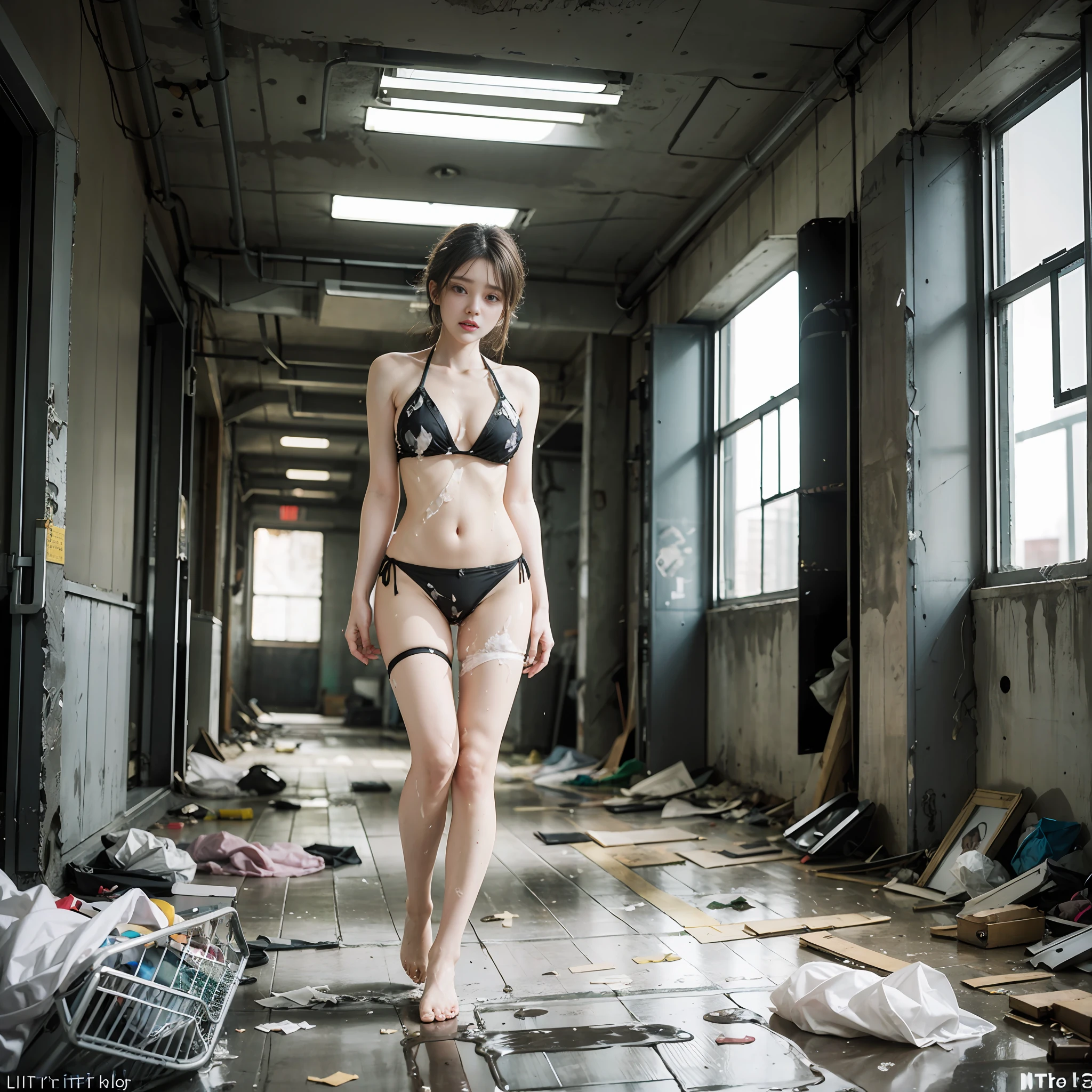 Abandoned school, broken tables, posters on the walls, concrete hallways, littered garbage (1.2), covered windows and narrow spaces, Resident Evil, Best Quality, Full Body Portrait (1:1), Delicate Face, 18-year-old girl, slim slender figure, skinny, smaller bust, pink, torn bikini, looming, panties to crotch, barefoot, sweat (1:2), sloppy, white viscous liquid (1:2), dirty (1:2), horror (1:2), dark (1:2). )