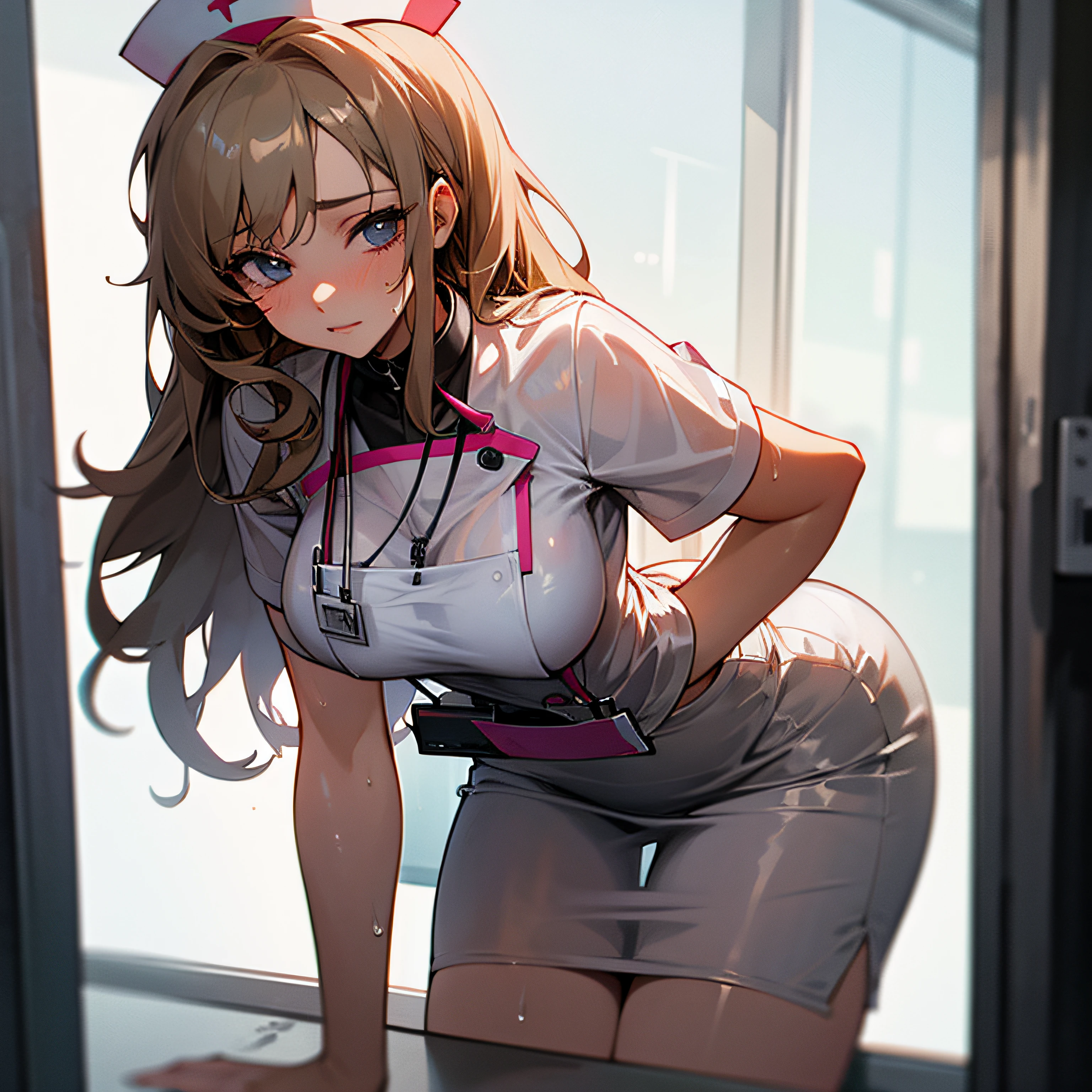 Masterpiece, best quality, 1 girl, office, body closeup,, nurse, wet, clothes soaked, transparent clothes, boring, coiled hair --auto