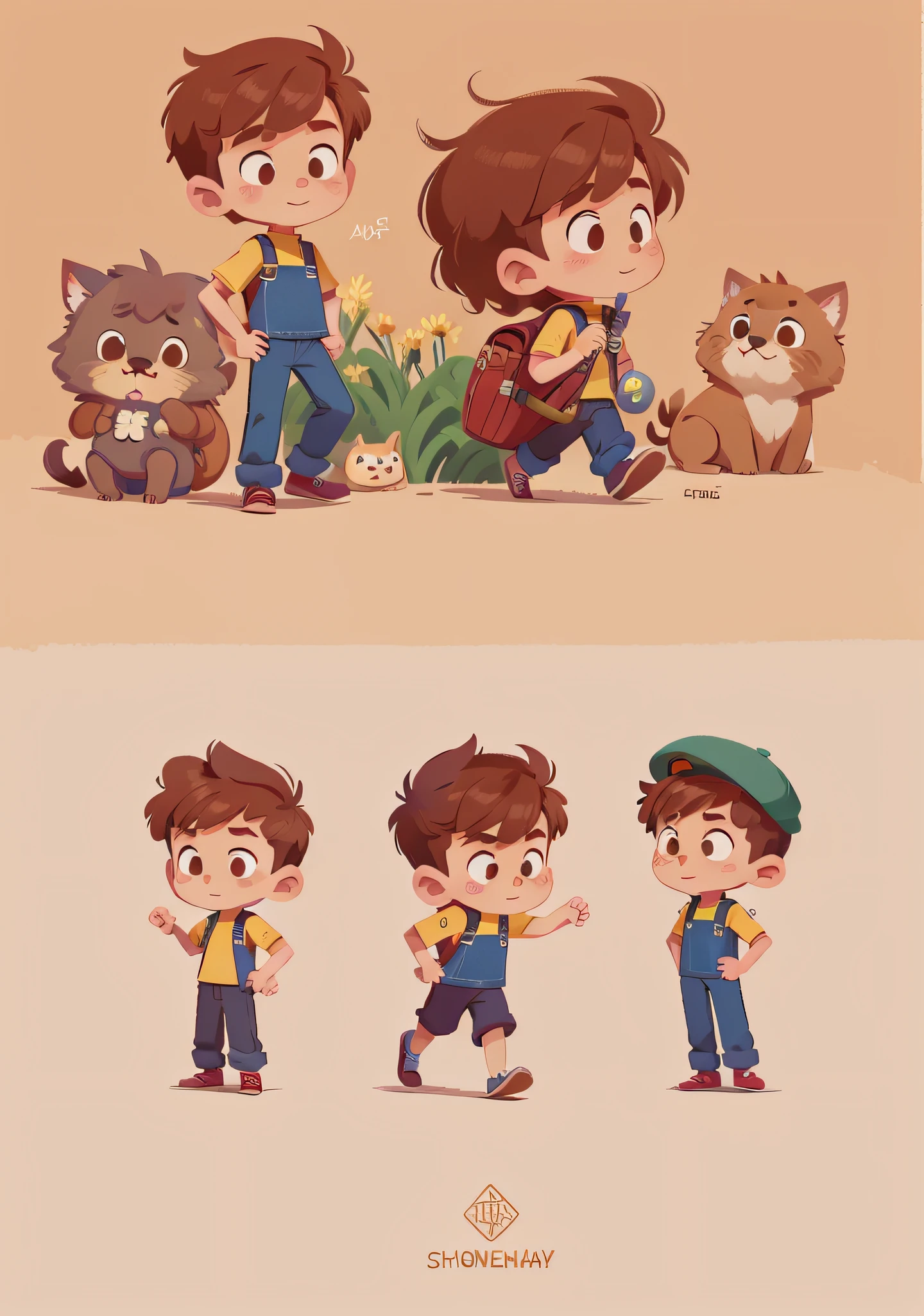 Cartoon character close-up of uniform, no hat, brown hair, brown hair, brown hair, long pants, long pants, long pants, full hands and five fingers, complete hands and five fingers, full hands and five fingers, male explorer mini cute short hair boy, high quality character design, animated characters, full body characters, full body character design, character standing walking, professional character design, game character design, full body single character, 2D illustration, 2D illustration, cute character, male protagonist 👀: 8, blue uniform