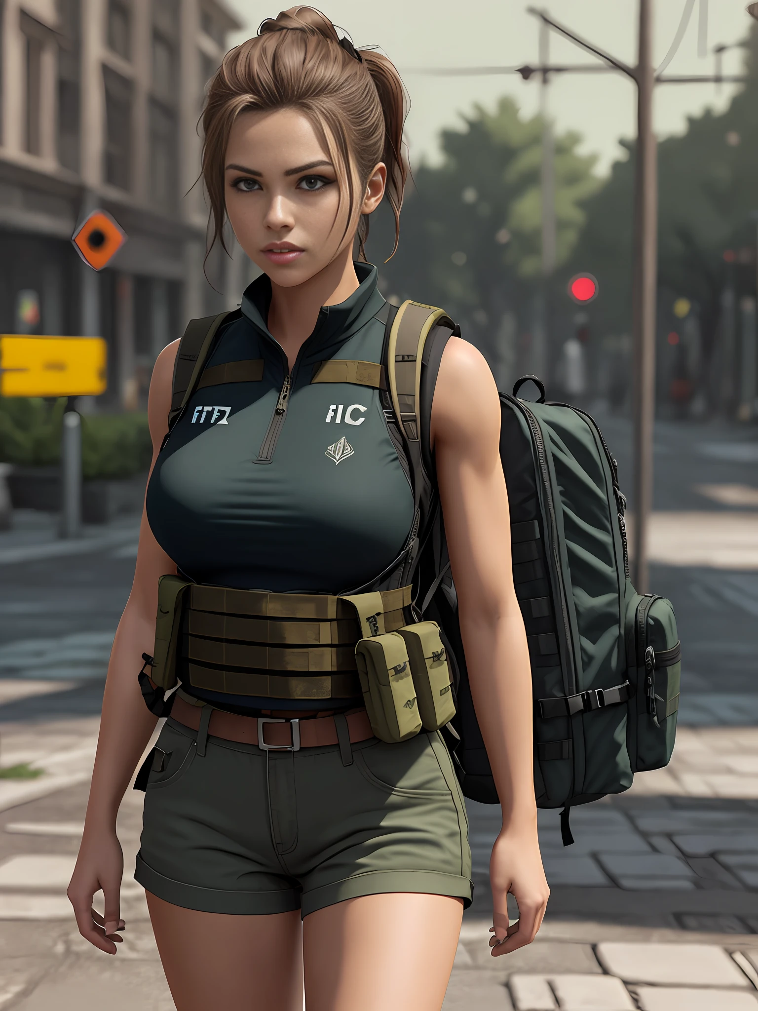 fit girl on the street in a fully packed tactical vest and backpack, epic realistic, photo, faded, complex stuff around, neutral colors, ((((hdr)))), ((((muted colors)))), intricate scene, artstation, intricate details, vignette, heavy military vest:1.2, military shorts, safe for work:1.2, sfw:1.2, perfect anatomy, tactical vest:1.3, large tactical vest:1.3