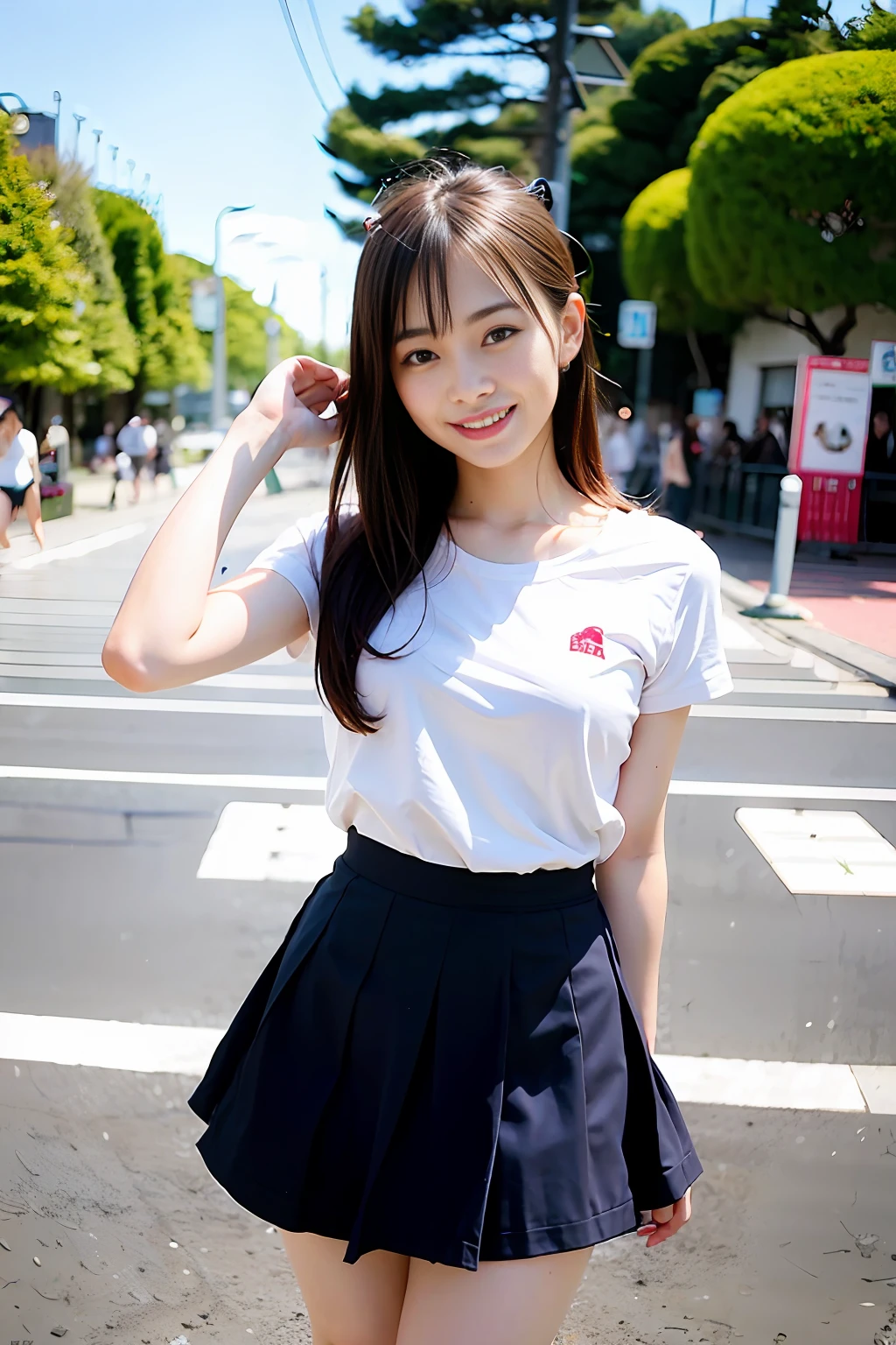 Ultra high image quality, natural brightness, natural light, beautiful girl, Japan talent Suzu Hirose, smile, black hair, long hair, Japan high school girl, uniform, skirt, whole body, beautiful skin type, amusement park, beautiful legs, dance, open legs,