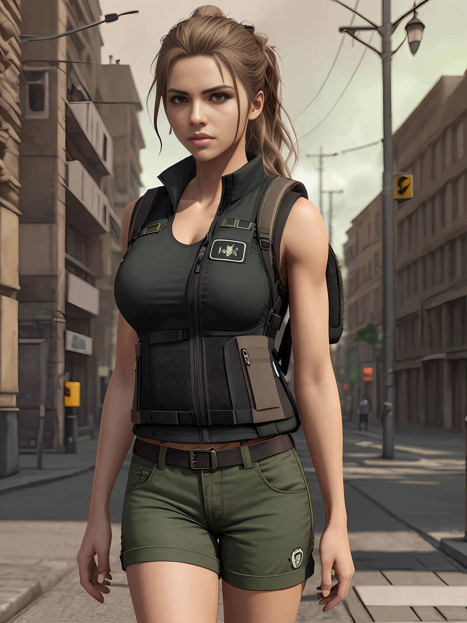 fit girl on the street in a fully packed tactical vest and backpack, epic realistic, photo, faded, complex stuff around, neutral colors, ((((hdr)))), ((((muted colors)))), intricate scene, artstation, intricate details, vignette, heavy military vest:1.2, military shorts, safe for work:1.2, sfw:1.2, perfect anatomy, tactical vest:1.3, large tactical vest:1.3