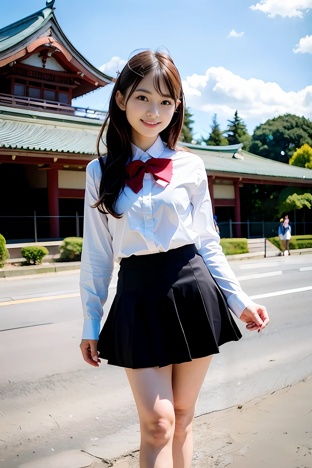 Ultra high image quality, natural brightness, natural light, beautiful girl, Japan talent Suzu Hirose, smile, black hair, long hair, Japan high school girl, uniform, skirt, whole body, beautiful skin type, amusement park, beautiful legs, dance, open legs,