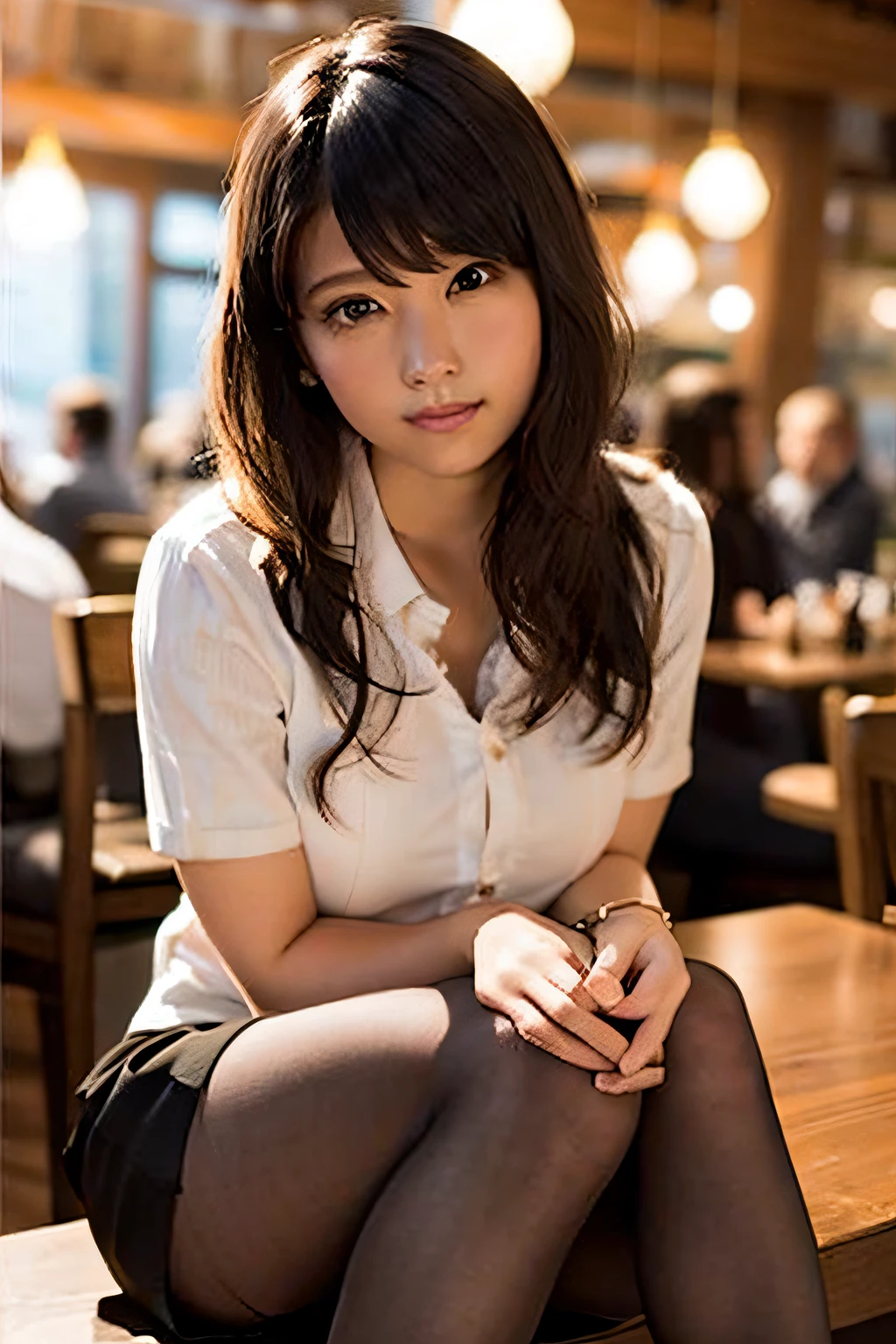 8k), (Best Quality), (Masterpiece: 1.3), (Realistic), (Photorealistic: 1.36), Ultra Detail, Beautiful Woman, Shy, 23 years old, (Waitress uniform in coffee shop:1.3), (Black miniskirt:1.3), (Black pantyhose:1.2), No underwear, Sitting on coffee shop floor, Brown eyes, ((knees, legs spread)), (crotch wet with fluids), camel toe, slender, plump breasts, slender legs, seductive face, sharp focus, cinematic lighting, shallow depth of field, high quality, perfect anatomy, correct anatomy, perfect proportions, perfect limbs, perfect fingers, viewfinder, from below