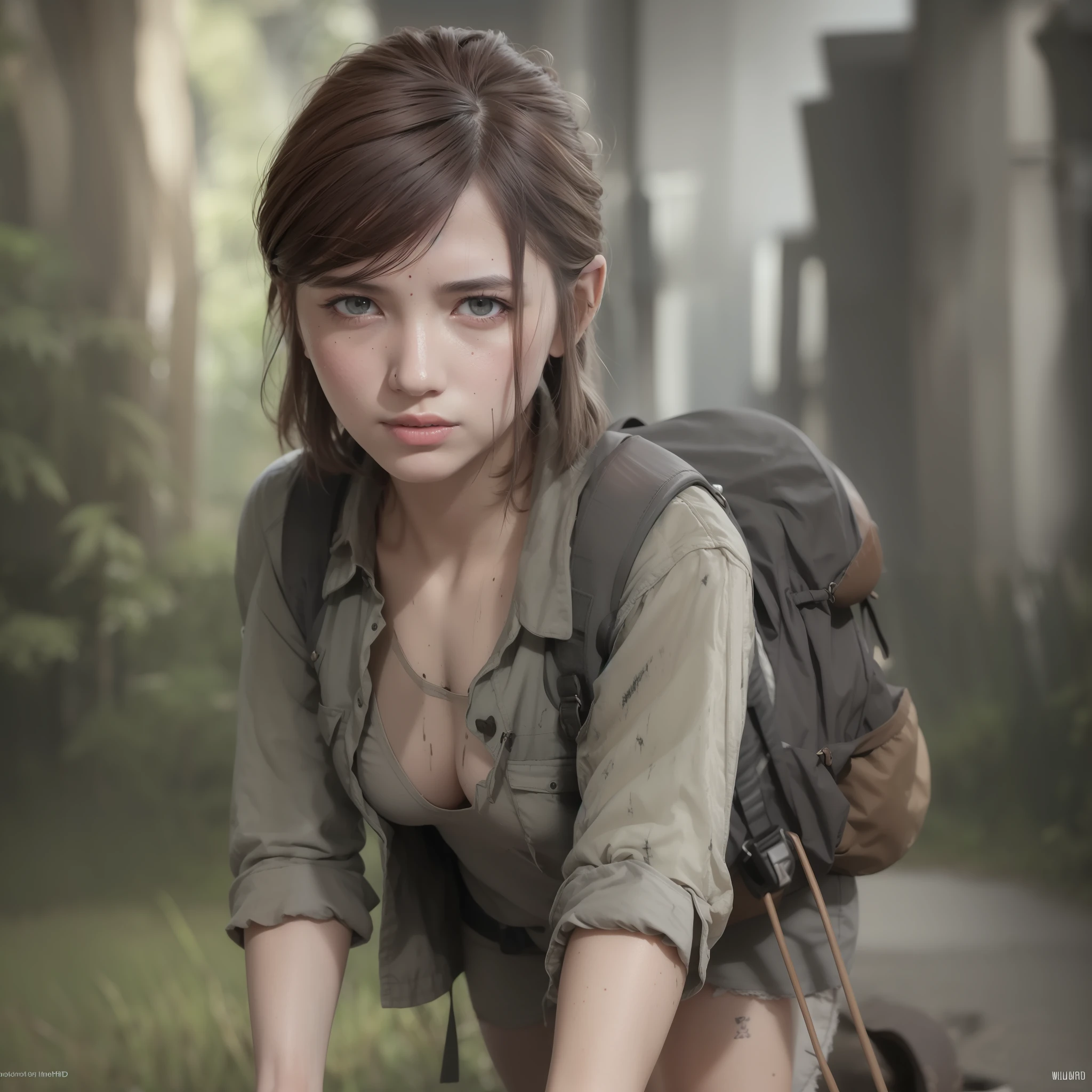 (Best quality, 8k, 32k, Masterpiece, UHD:1.2),Photo of western woman, brown short hair,beauty face,(leaning forward:1.3), on her knees, pov, large breasts,(beautiful nipple slip:0.9),outdoors,windy,shiny skin,blurry background, Ellie, ellie the last of us, ellie William l, tlou, the last of us Ellie, bruised mark on skin and thighs, butt expose, from behind, extreme light, holding gun, angry face, best proportion body, skinny, lewd, sexy, skimpy short, pink backpack.
