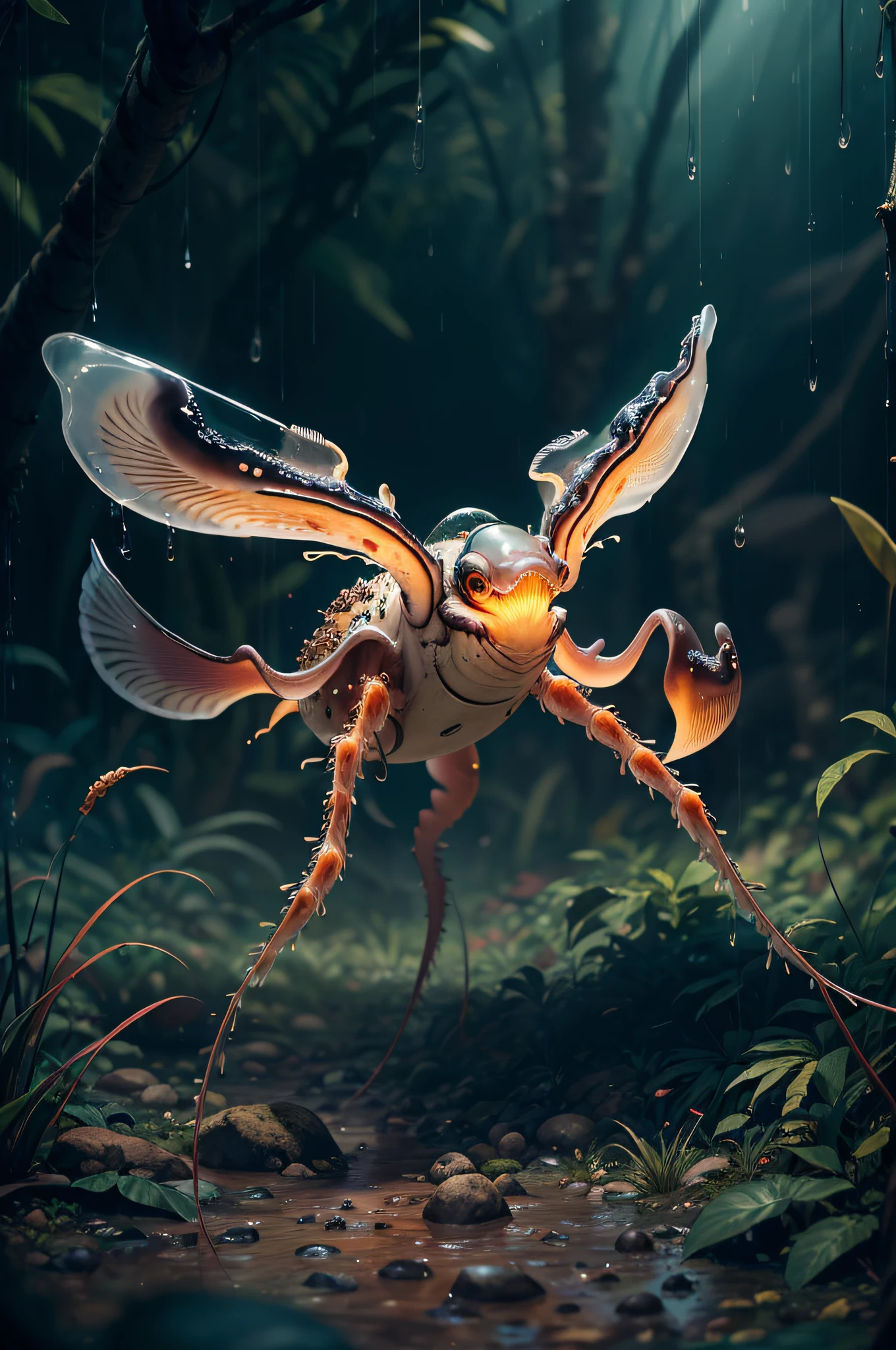 Big like six legs creature whith transparent and lighting body, walking on all six legs, (((cuttlefish head))), ((four eyes)), six leghs, in the jungle, jungle, rain forest, high image quality, realistic look, high-resolution photography, 8K, full-frame matrix, deep shadows, ((one character)), (intricate details, subsurface scattering, hyperdetailed:1.15), (hyperrealism, volumetric lighting, sharp:1.5) Fujifilm XT3