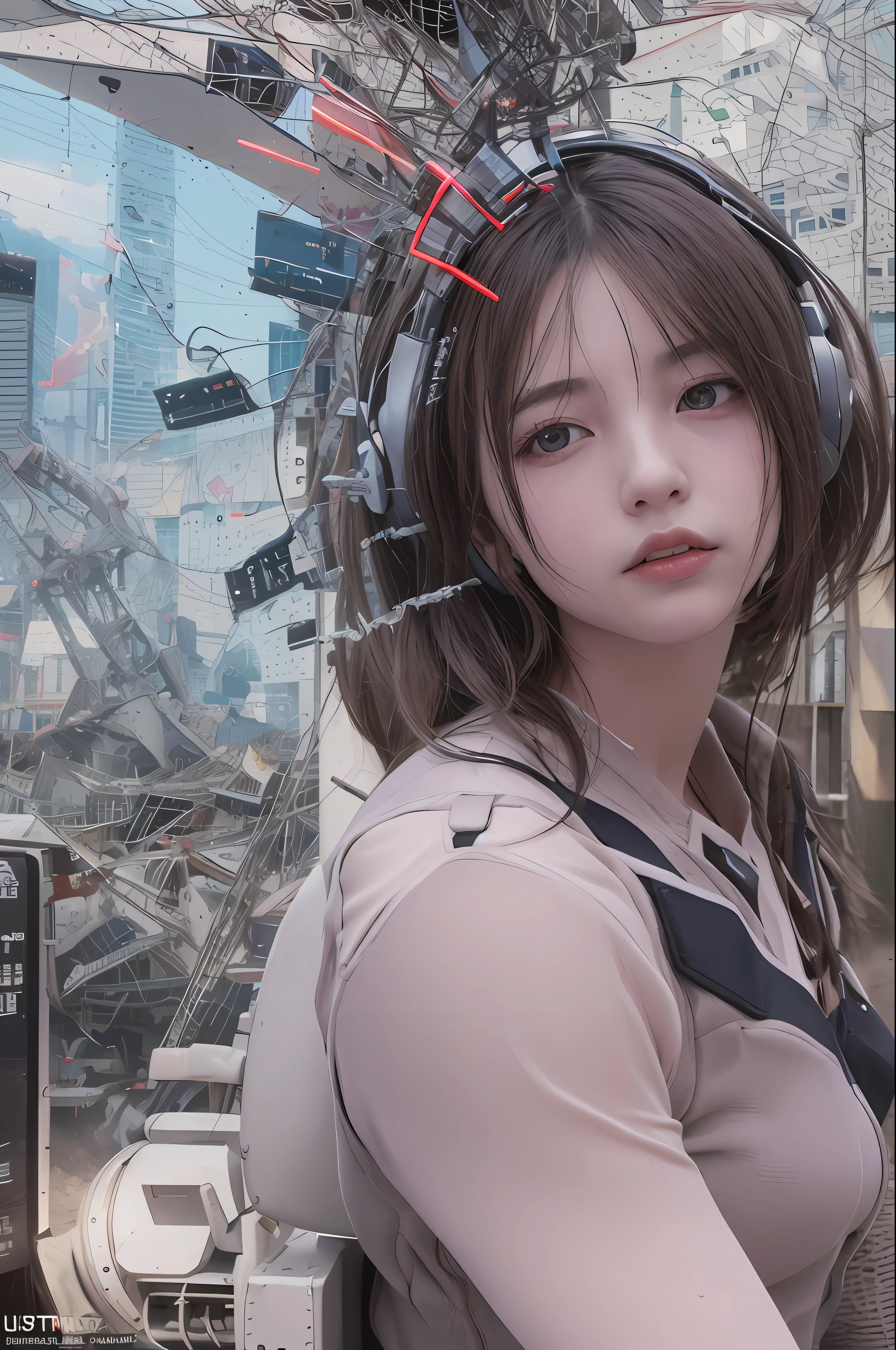 Top quality, masterpiece, ultra high resolution, (photorealistic: 1.4), raw photo, futuristic town perspective, futuristic skyscrapers, 12 year old girl standing on a futuristic street corner, black hair, shiny skin, 1 Gundam girl, (((ultra-realistic details)), sidmead-style mecha design, portrait, global illumination, shadow, octane rendering, 8K, Ultra Sharp, Big, Cleavage Exposed Raw Skin, Metal, Intricate Ornamental Details, Headset, Hydraulic Cylinder, Very Intricate Details, Realistic Light, CGSoation Trend, Purple Eyes, Glowing Eyes, Facing the Camera, Neon Details, Mechanical Limbs, Blood Vessels Connected to Tubes, Mechanical Vertebrae Attached to the Back, Mechanical Cervical Attachment to the Neck, sitting, wires and cables connecting to the head, Gundam suit, cyberpunk, small LED lamps,