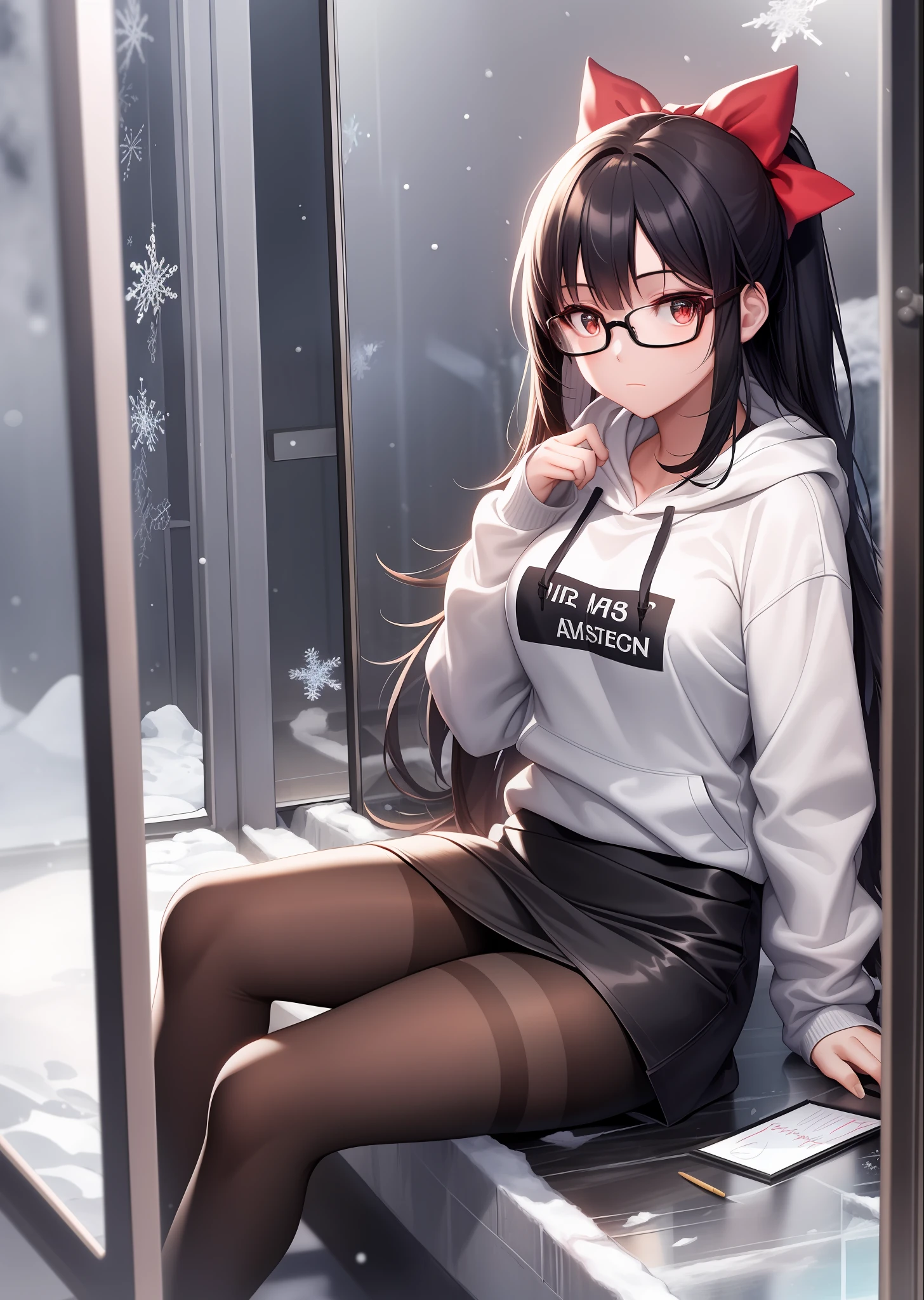 Beautiful girl, red face, bow hair accessories, hoodie, squint, long hair, black hair, facing the viewer, pantyhose, stockings, sneakers, best picture quality, master work, super high resolution, exquisite facial features, student, gradient eye, new glasses, black and white board writing, reflection, ice and snow landscape
