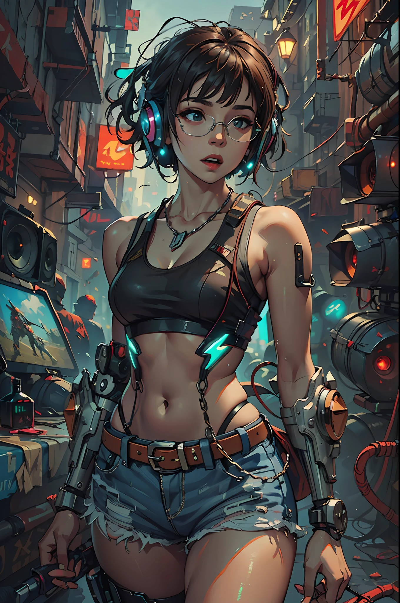 (photorealistic:1.4),official art,unity 8k wallpaper,ultra detailed,exquisitely detailed skin,(cinematic angle)(film grain:1.2)cinematic lighting,beautiful and aesthetic,dynamic lighting,masterpiece,best quality,glowing skin,cyberpunk,mechanical arms,(cyberpunk joints),(neon light),(cybernetic implants:1.2),(augmentations),(cyborg:1.2)(cowboy shot),,1girl,short hair,slim body,medium breasts,narrow waist,tank top,high waist shorts,fishnet pantyhouse,a rock band lead singer,Heavy Metal,(playing a electric guitar:1.4),wearing a sunglasses,chain,silver,necklace,live house,fiery atmosphere,sexy,charming,(loudspeaker box:1.3),wire,cable tail,devil horn,dynatic pose,excited,
a small wooden toy,\(\(intricate details\)\),colorful details,iridescent colors BREAK,\(\(masterpiece best quality\)\),4k,ultra detailed,detailed lighting,\(\(inspired by Hayao Miyazaki\)\),official art,promotional art,composition,