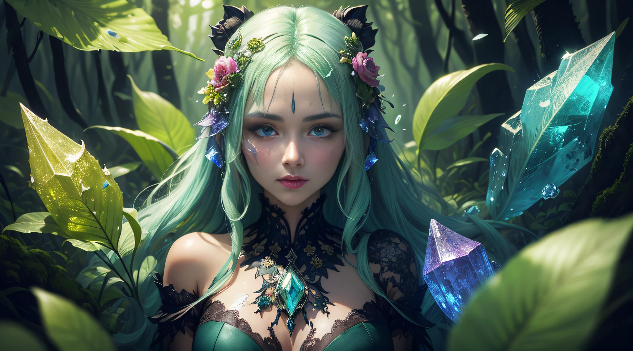 Rosen maiden, (masterpiece, best quality), (illustration),strange mycosis lush forest, transparent goo, caustics, crystals, close-up, intricate details, dark background, sparkling spores, rainbow crystals, dark