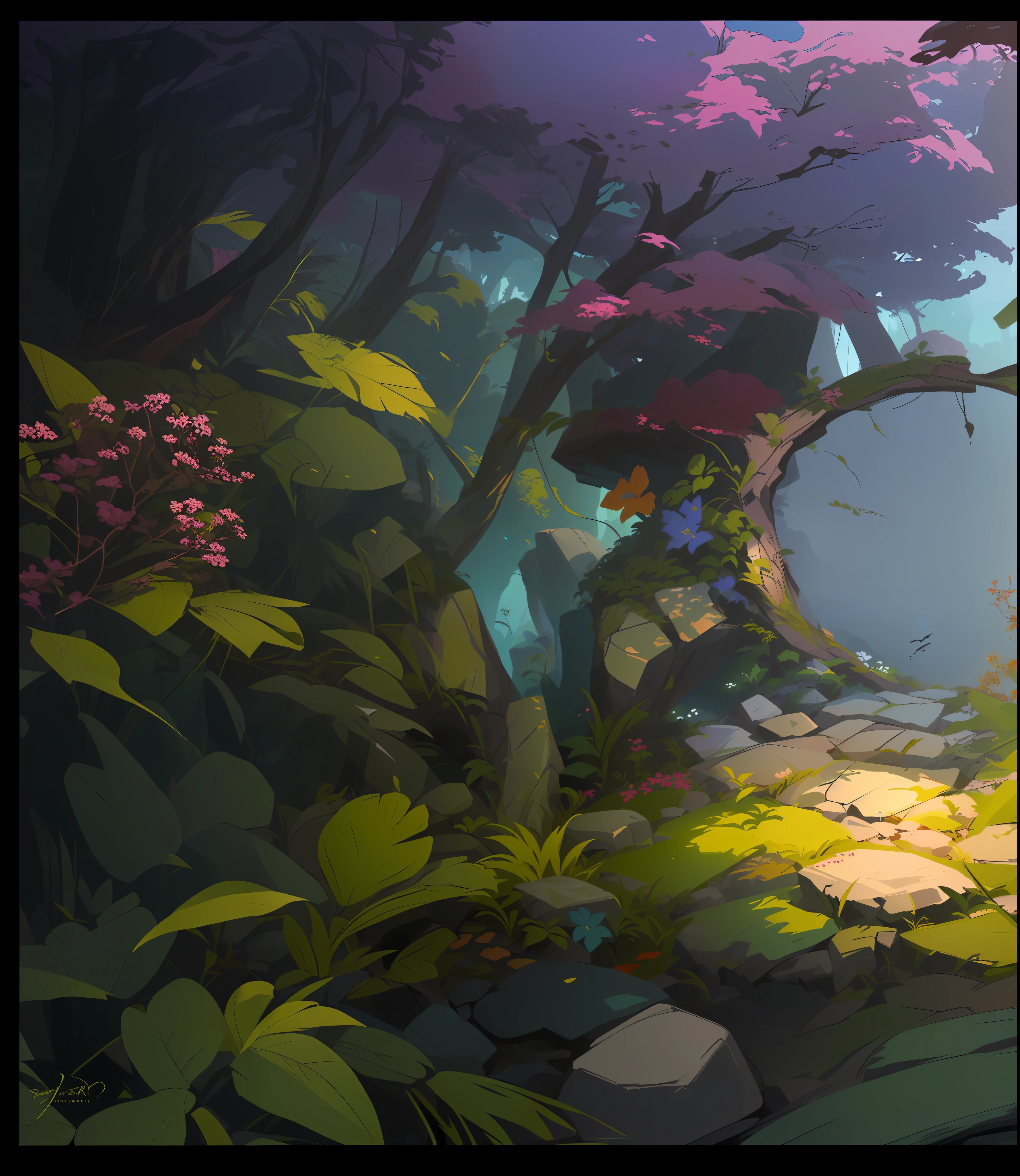 Forest and meadow, with vine man and other plants interspersed among them, colorful concept art, by Ryan Yee, digital painting concept art, environmental art, floral environment, background art, by Jason Chan, Ross Tran. Landscape background, stylized concept art, drawn as game concept art, Alexander Jean, David Parker, environmental design illustration
