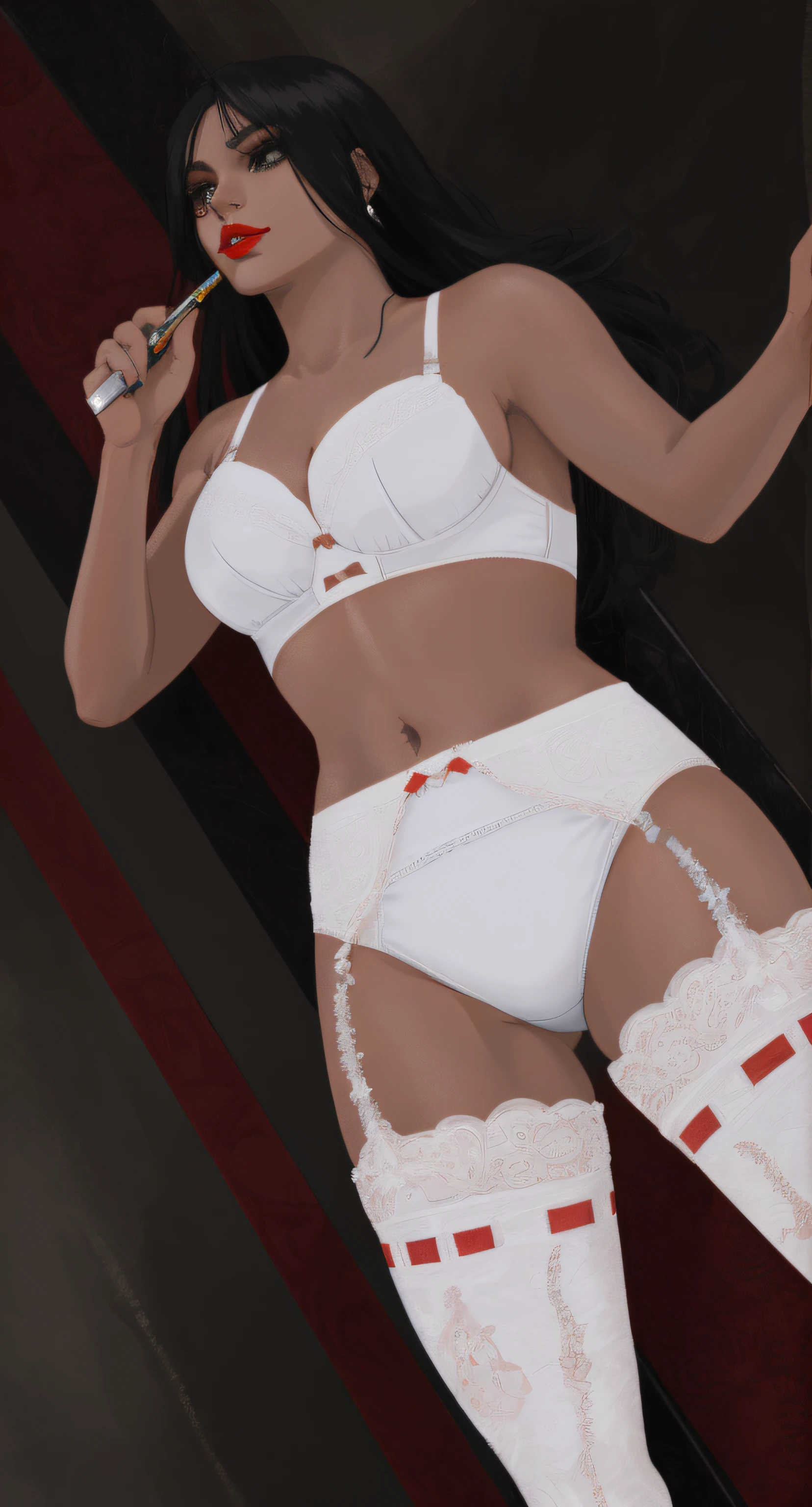 Curvy Hispanic female wrestler, in fancy white bra, fancy white cotton panties, fancy white high stockings, applying makeup and lipstick, anime art style, intricate details