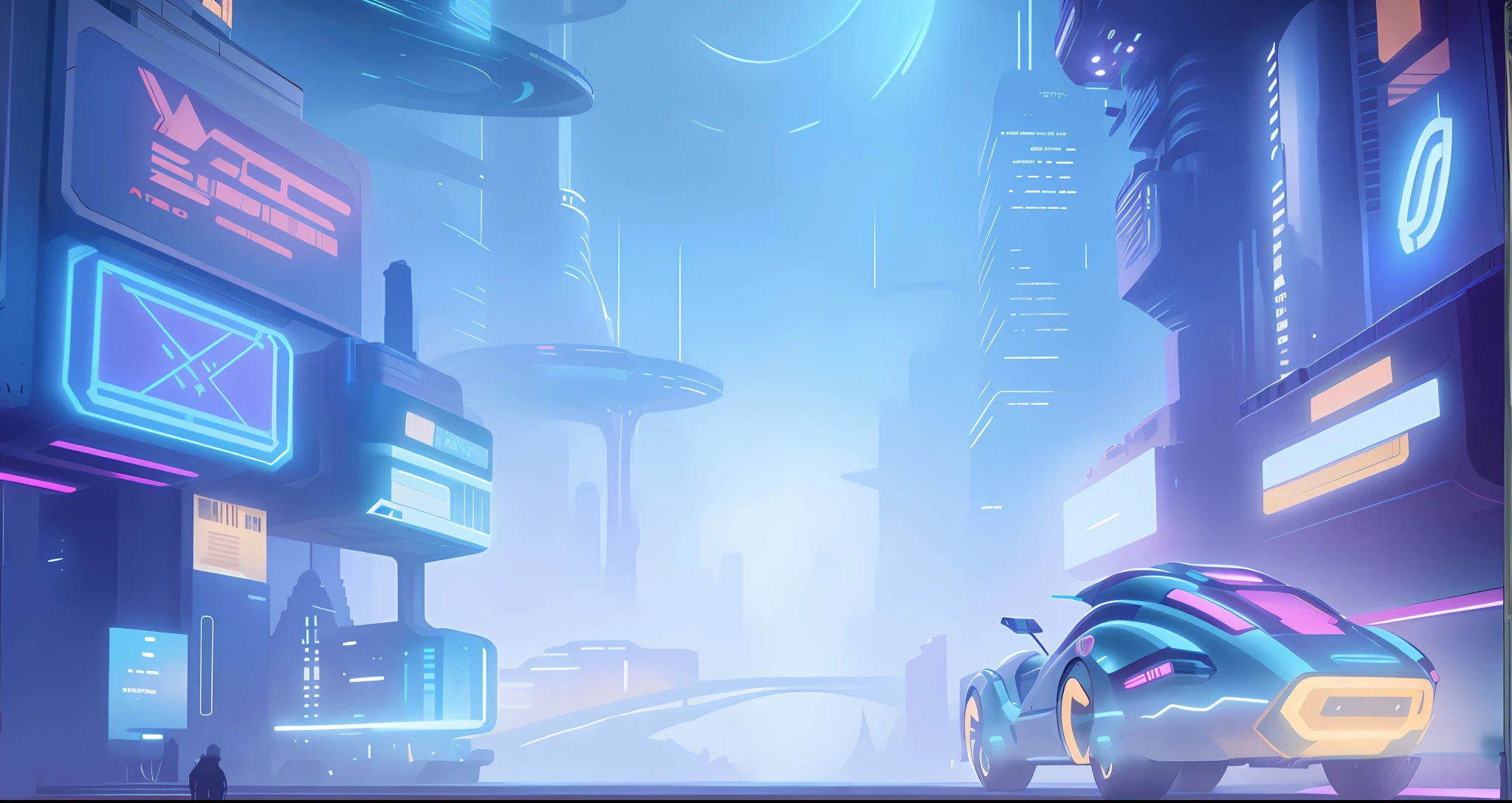 Futuristic city with futuristic car and neon sign in sci-fi environment, investment financial data sheet electronic screen