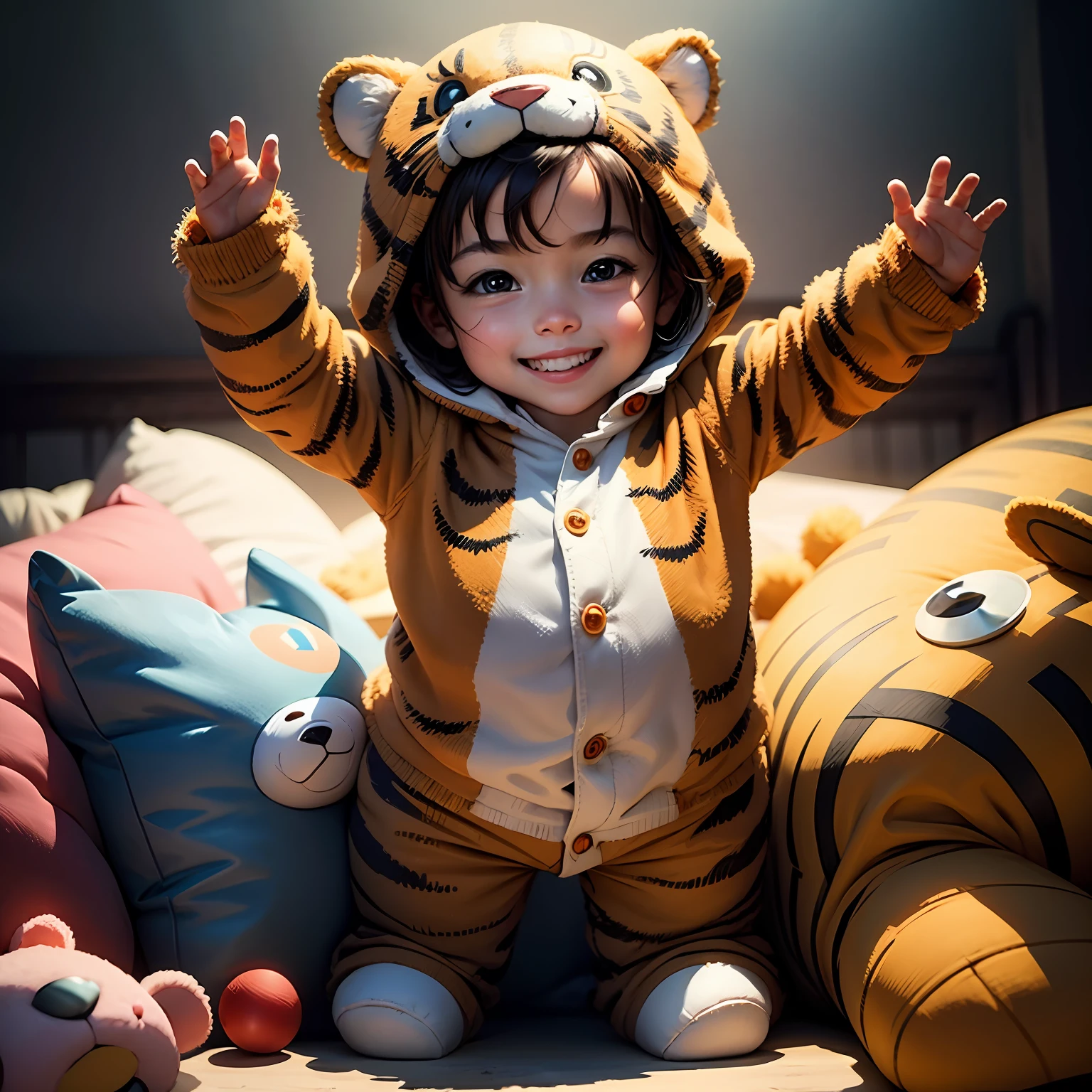 There is a  in a tiger costume and stuffed animals, overall figure, playing with toys, smiling --auto