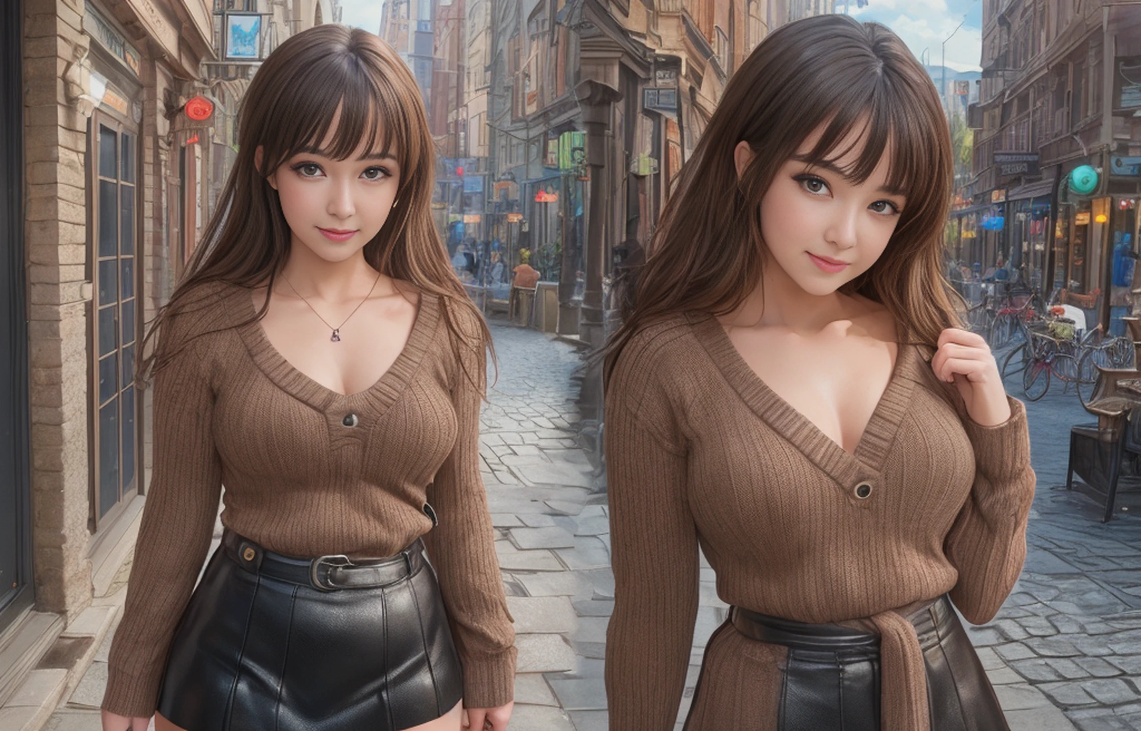 (Best Quality), Masterpiece, (Full Body:1.4641), (Photorealistic Photos:1.331), 4K Quality, 1 Female, Dark Brown Hair, Brown Eyes, Front, Detailed Face, Beautiful Eyes, Knitted Shirt, Long Leather Skirt, Long Boots, Look Viewer, Laughter, Ray Tracing, Middle Chest, Walking the Town, 28 years old, Watch Viewer, Young Sensual Gravure Idol,