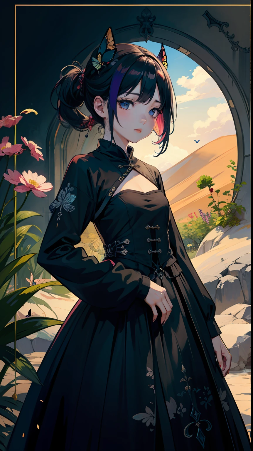 masterpiece, best quality, {{{{{{Amazing}}}}}}, {{{1woman}}}, {{slim}}, medium breast, {{{bare skin}}},beautiful concept illustration, {{color outline}}, {{flat color}}, {{pastel color}}, colorful, intricate frilled dress, Composition from diagonally forward, {{Japanese rock}}, high brightness, intricate, wind, {{{intricate arm hands fingers}}}, flapping butterfly, {{{{{depth of field}}}}}, fluttering petals, 🦋, half-closed eyes,