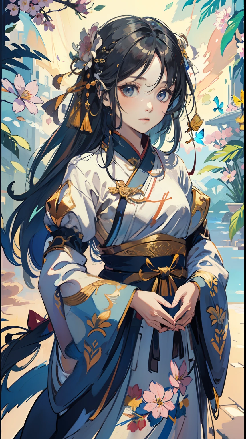 masterpiece, best quality, {{{{{{Amazing}}}}}}, {{{1woman}}}, {{slim}}, medium breast, {{{bare skin}}},beautiful concept illustration, {{color outline}}, {{flat color}}, {{pastel color}}, colorful, intricate frilled dress, Composition from diagonally forward, {{Japanese rock}}, high brightness, intricate, wind, {{{intricate arm hands fingers}}}, flapping butterfly, {{{{{depth of field}}}}}, fluttering petals, 🦋, half-closed eyes,