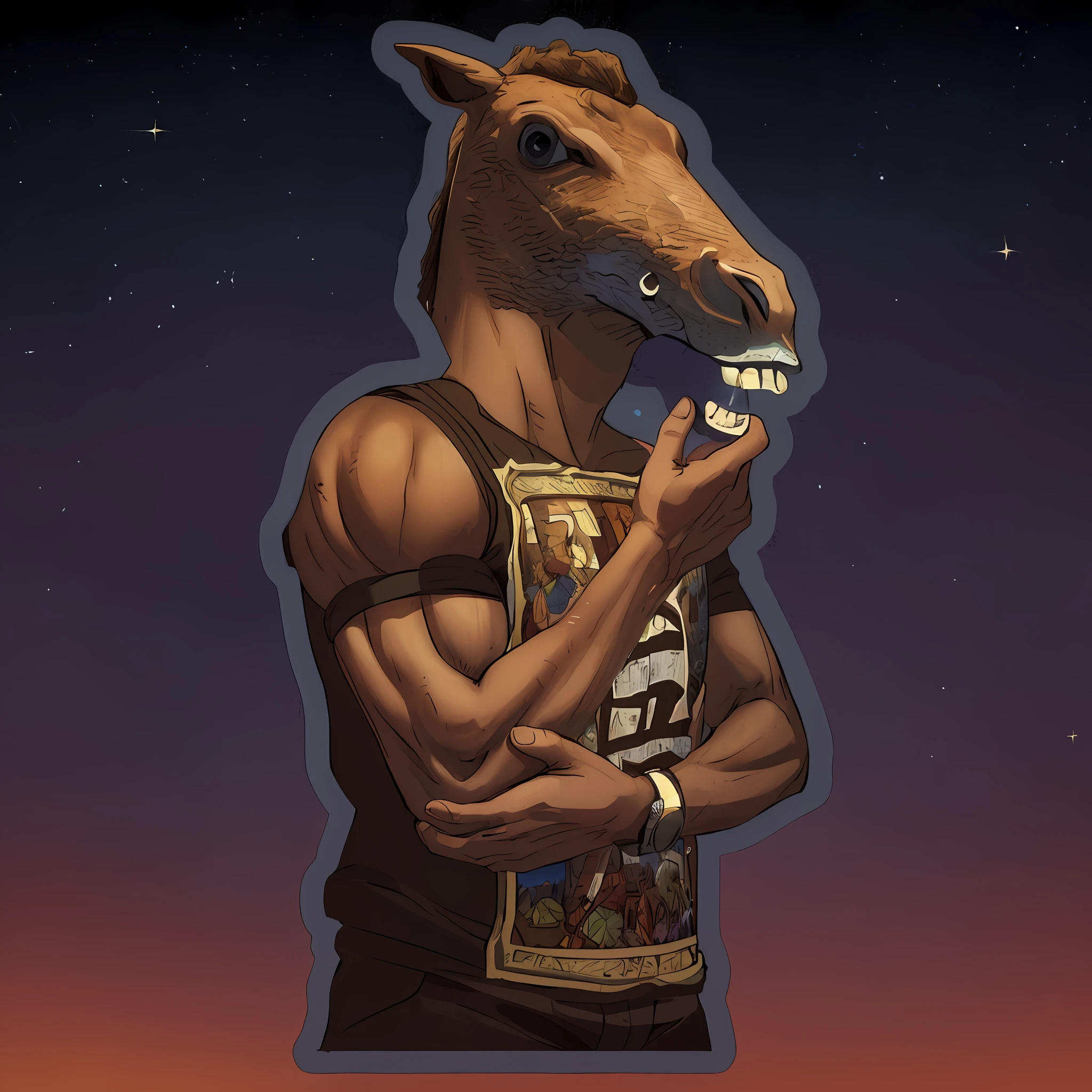 A muscular horse man thinking, philosopher, background night sky style Vincent van Gogh