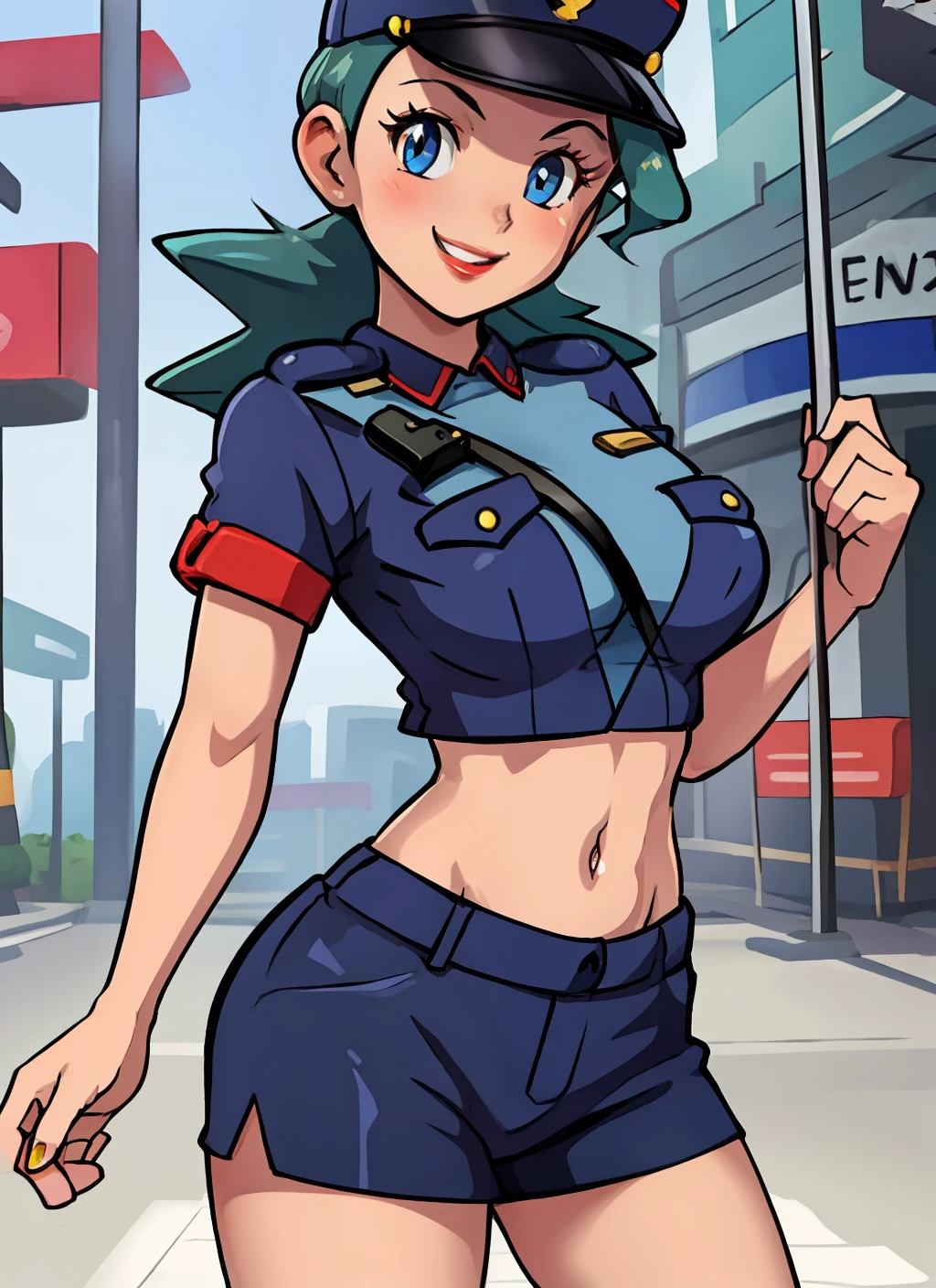 upperbody,1girl,solo,pinup,(detailed eyes),detailed face,looking at the viewer,highly detailed,beautiful,,sexy,seductive,sultry,grinning    officer jenny, pokemon, police uniform