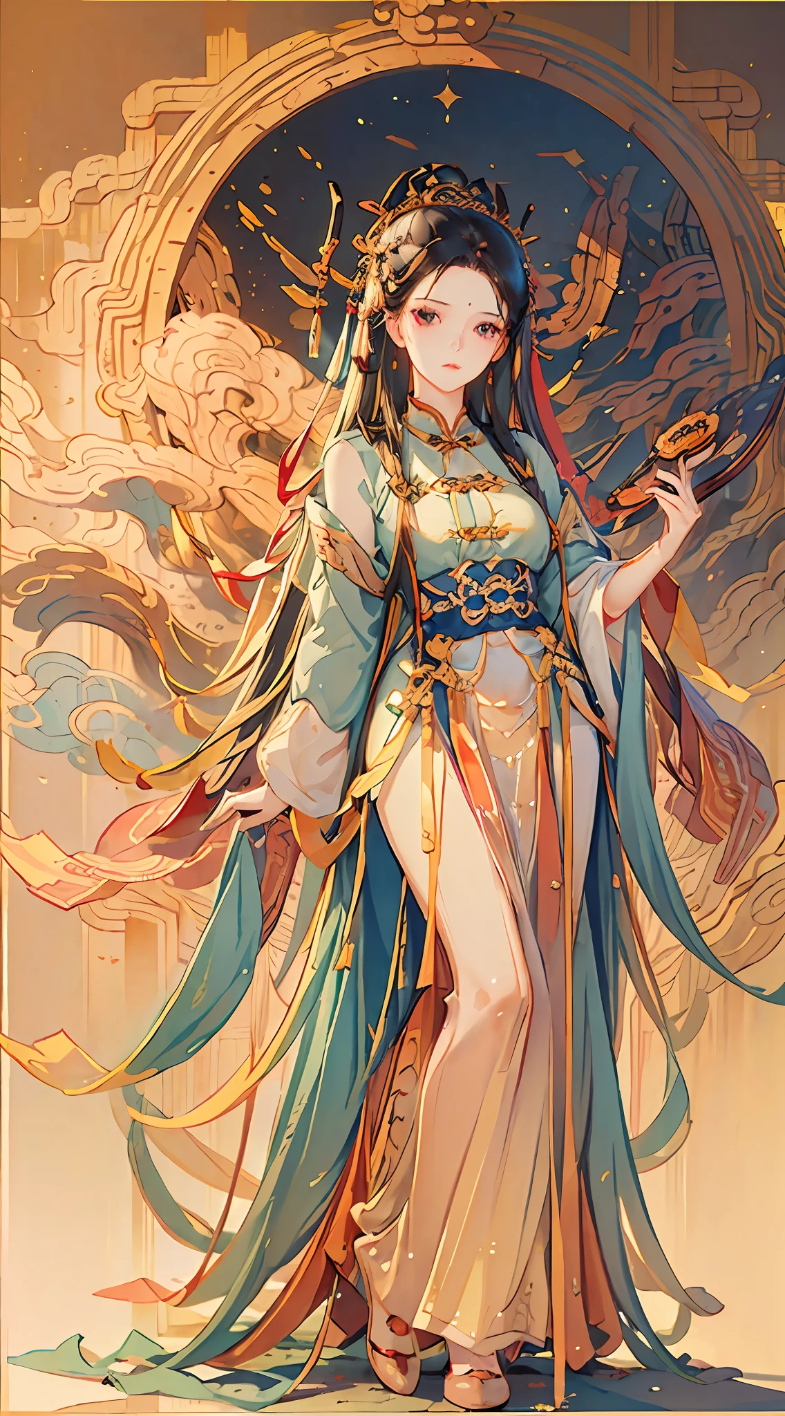 (Realistic, Portrait: 1.3), Intricate Detail, Full Body, Medium and Long Range, Painting, Chinese Style, White Fluttering, 1girl, Solo, Long Hair, Wind, Gorgeous Face, Best Quality, Masterpiece, Maximum Detail, Diffuse Lighting, (Brunet: 1.3) Center Composition, Poster Design