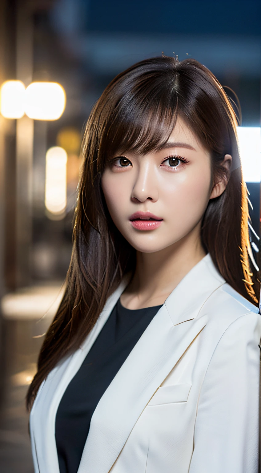 ((Realistic lighting, Best Quality, 8K, Masterpiece: 1.3)), Clear focus: 1.2, 1girl, Perfect Figure: 1.4, Slim Abs: 1.1, ((Dark brown hair)), (White suit: 1.4), (Outdoor 1.1), City Night View, Super Fine Face, Fine Eyes, Double Eyelids