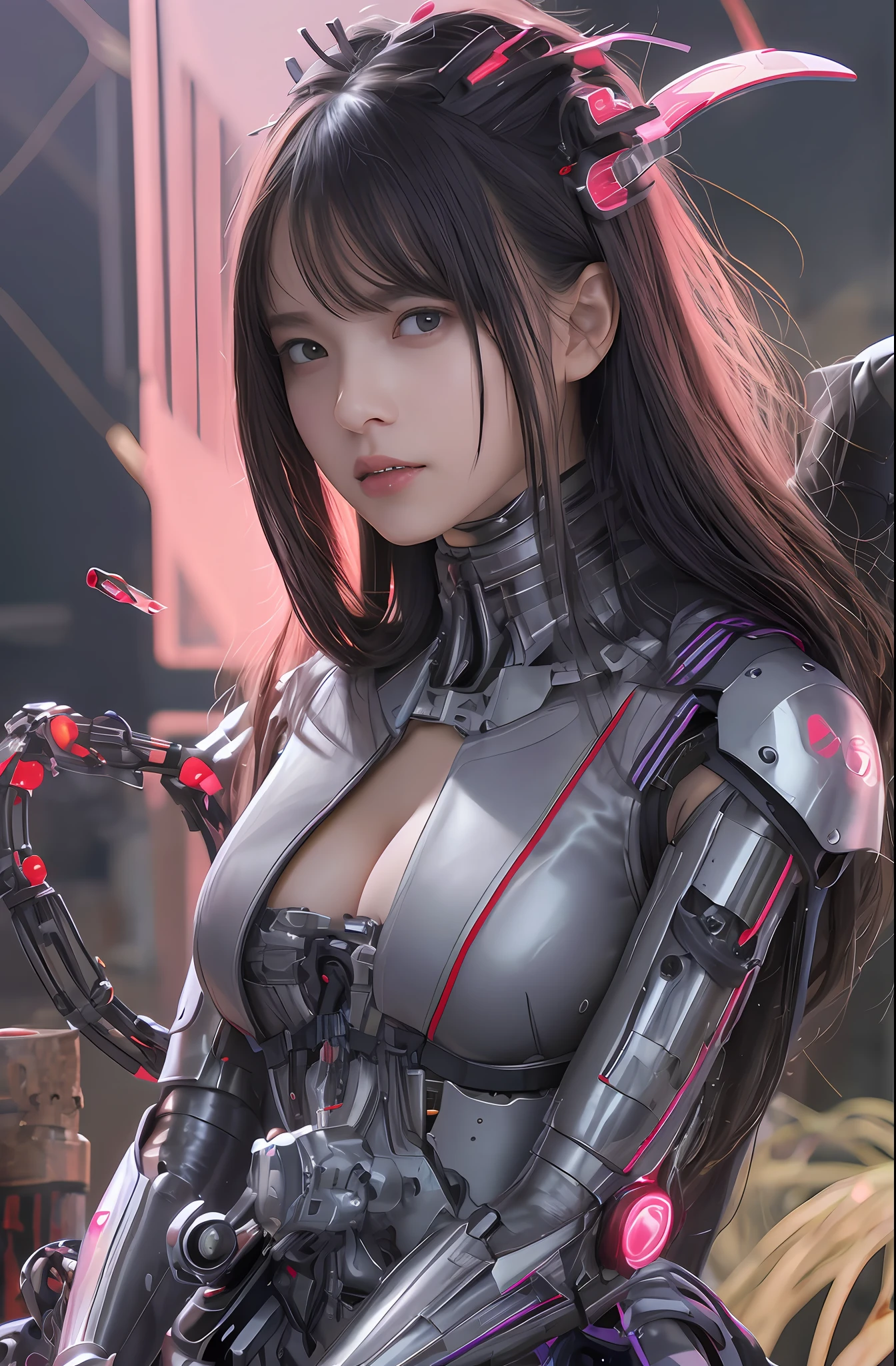 Top Quality, Masterpiece, Ultra High Resolution, (Photorealistic: 1.4), Raw Photo, 1 Girl, Black Hair, Glossy Skin, 1 Mechanical Girl, (Ultra Realistic Details)), Portrait, Global Illumination, Shadows, Octane Rendering, 8K, Ultra Sharp, Big, Cleavage Exposed Raw Skin, Metal, Intricate Ornament Details, Egyptian Details, Very intricate details, realistic light, CGSoation trend, purple eyes, glowing eyes, facing the camera, neon details, mechanical limbs, blood vessels connected to the tube, mechanical vertebrae attached to the back, mechanical cervical attachment to the neck, sitting, wires and cables connecting to the head, gundam, small LED lamps,