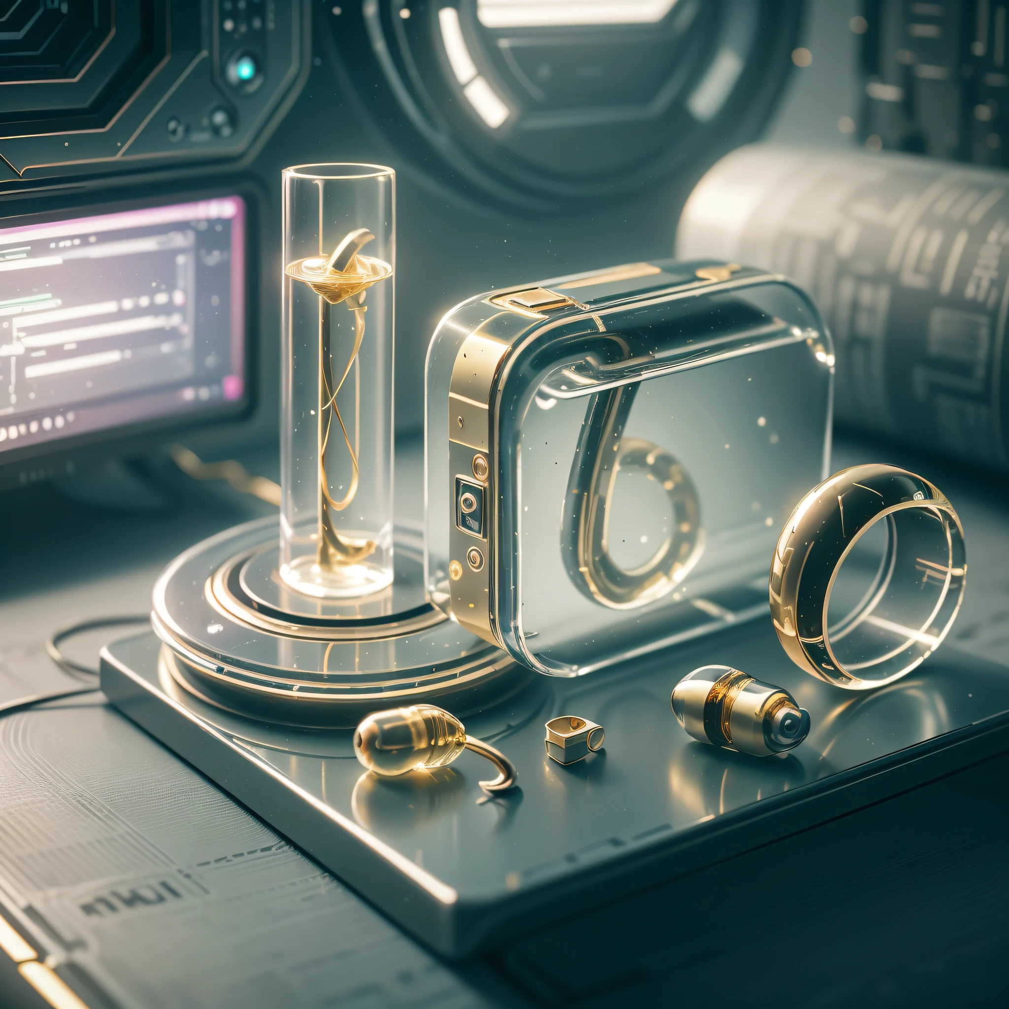 transparent gold and glass tampon ,two gold hearing aid, two gold nose plug, and earplug, only on table transparent ,gold hearing aid and gold nose plug, and earplug, lies only on cyberpunk desk, small devices scan these things in te futuristic room on the SpaceCraft.
